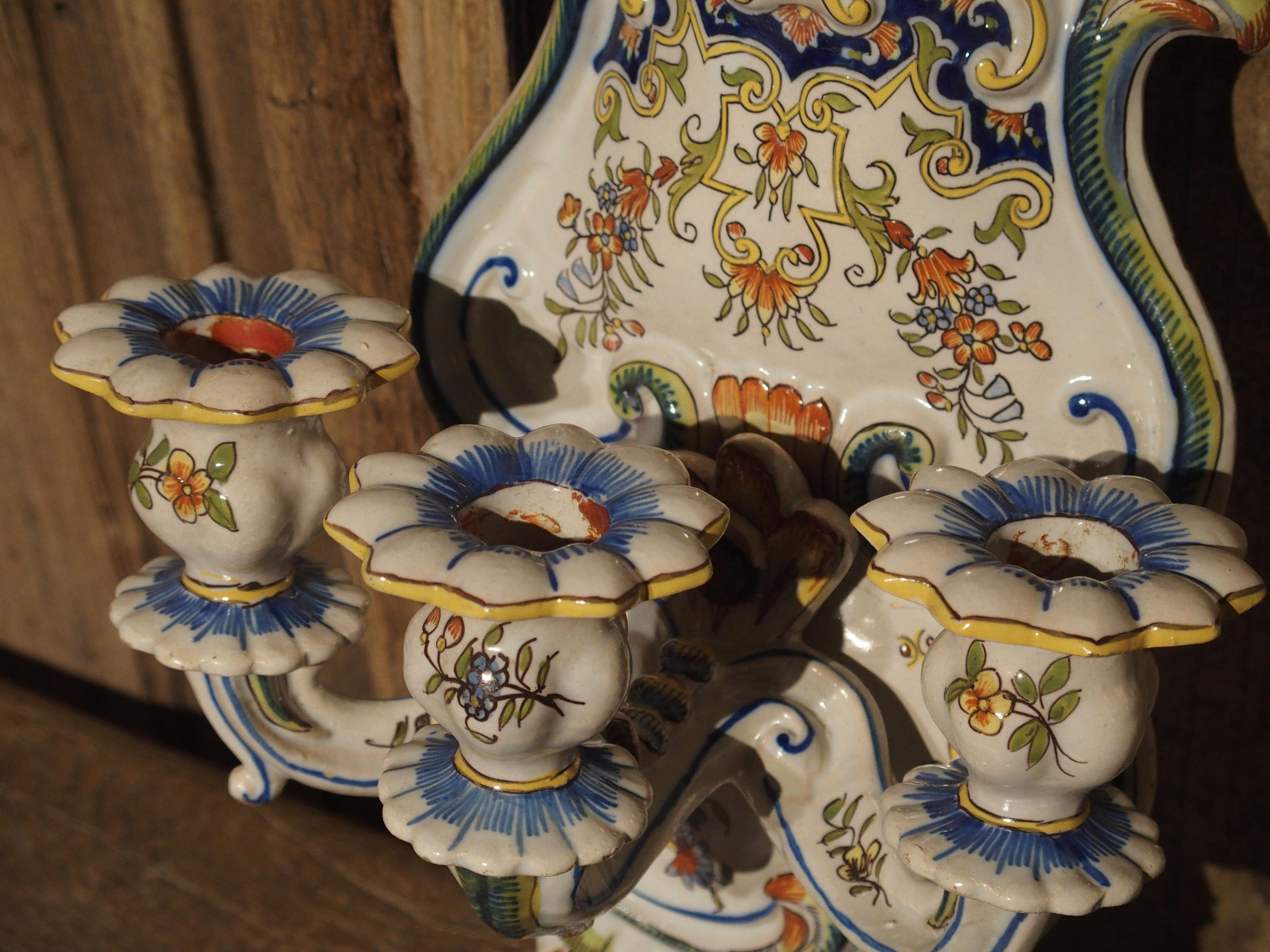 19th Century Pair of Antique Fourmaintraux Faience Wall Sconces from Desvres, France For Sale