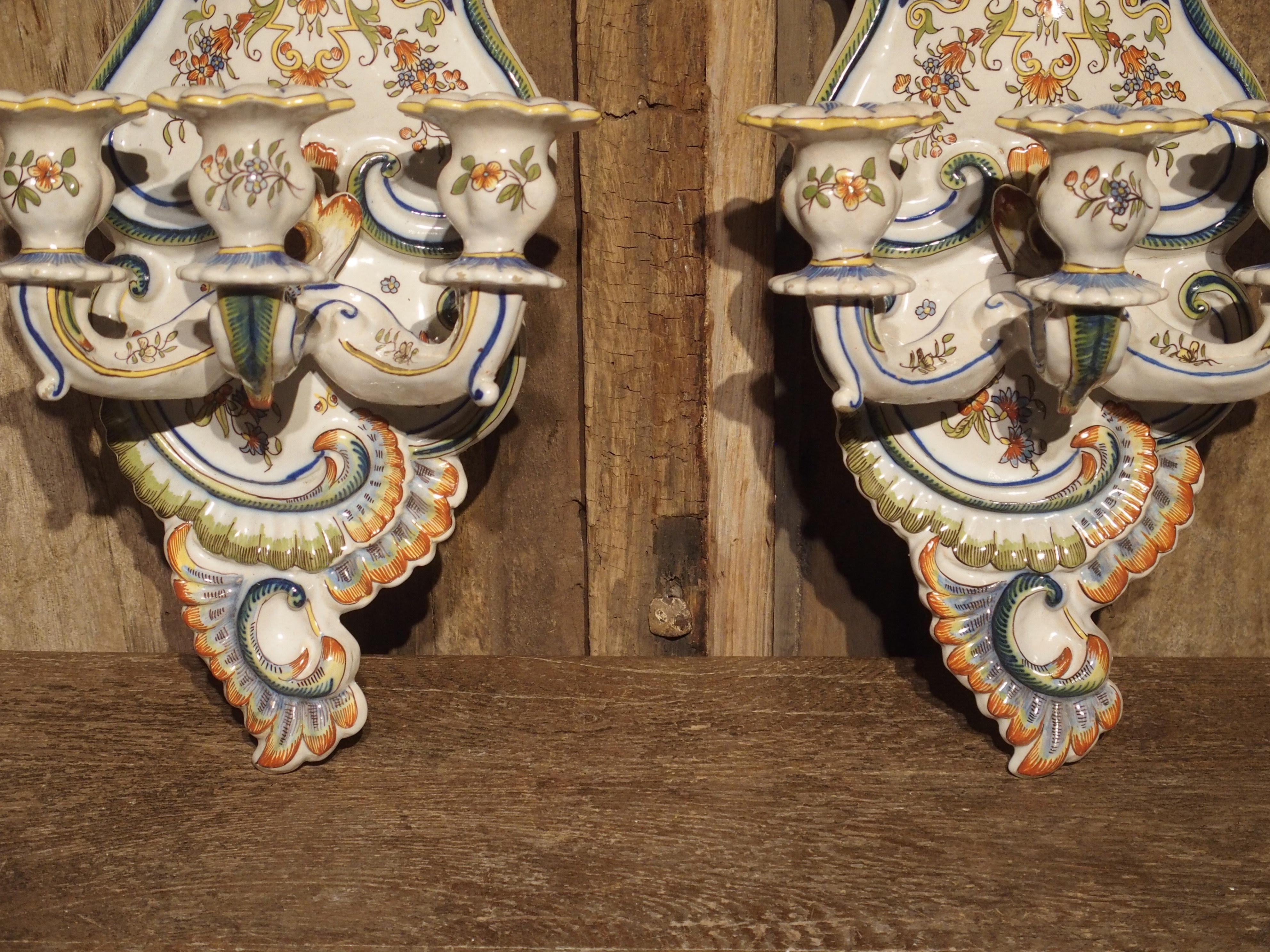 Pair of Antique Fourmaintraux Faience Wall Sconces from Desvres, France For Sale 2