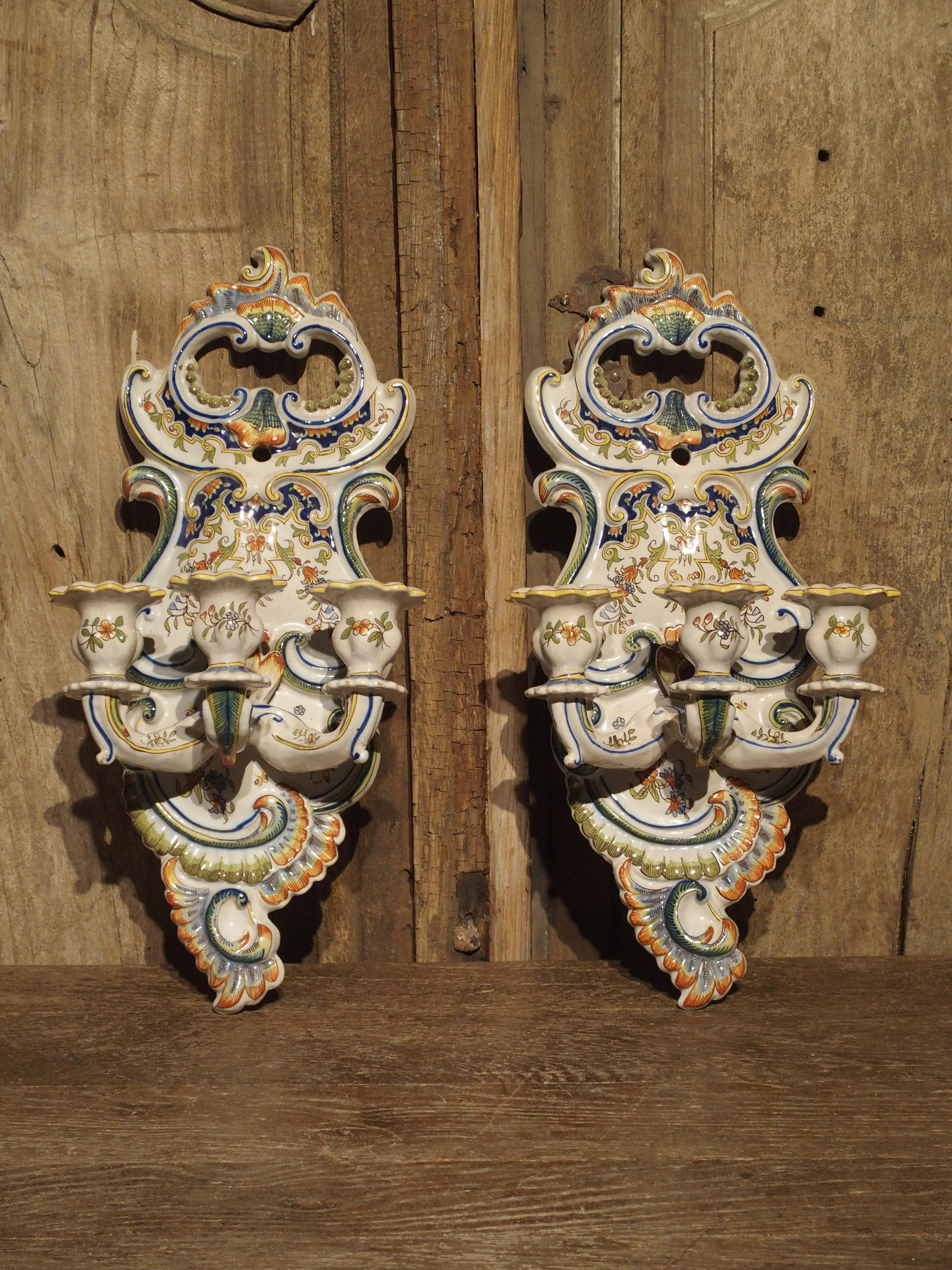 Pair of Antique Fourmaintraux Faience Wall Sconces from Desvres, France For Sale 3