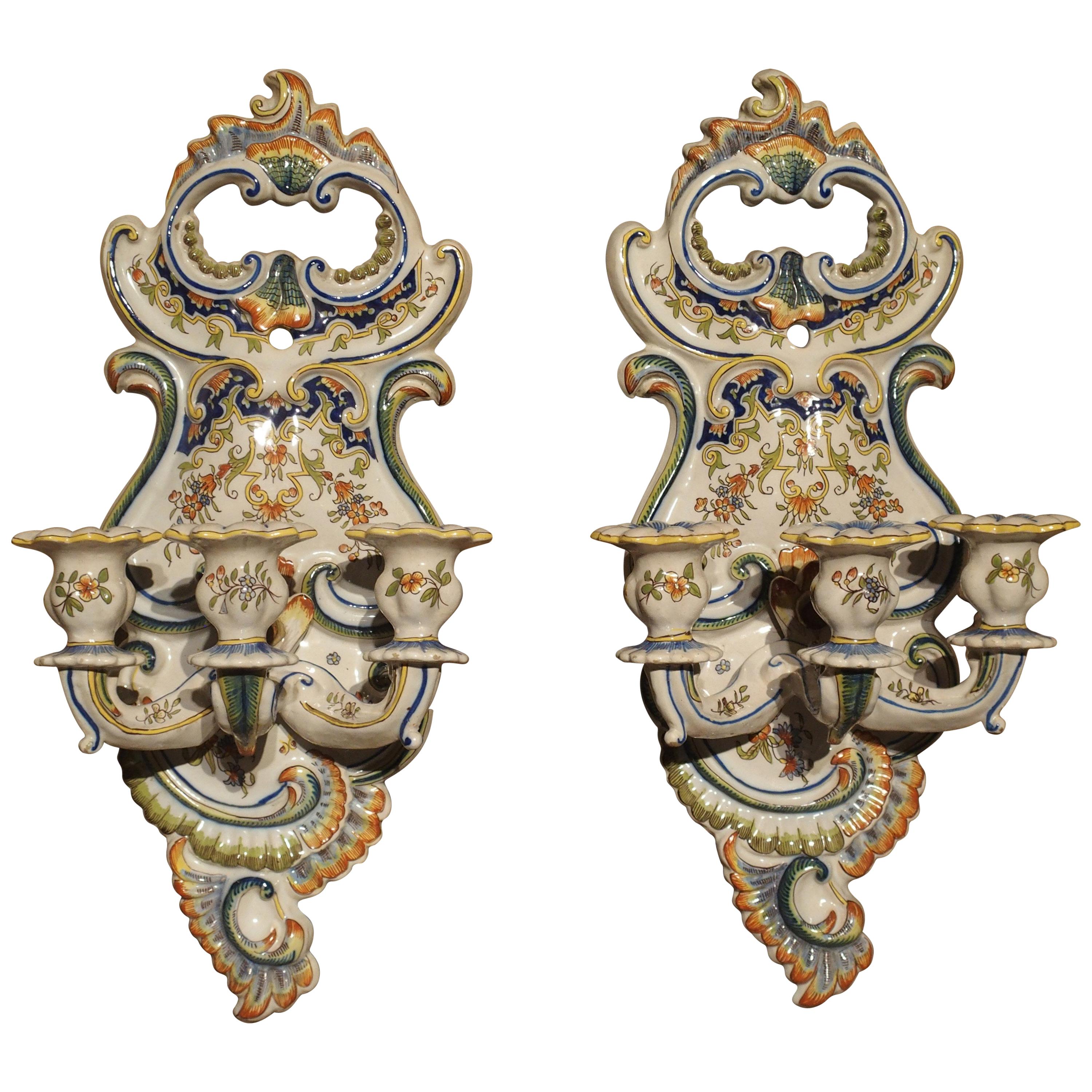 Pair of Antique Fourmaintraux Faience Wall Sconces from Desvres, France For Sale
