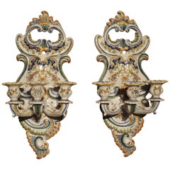 Pair of Antique Fourmaintraux Faience Wall Sconces from Desvres, France