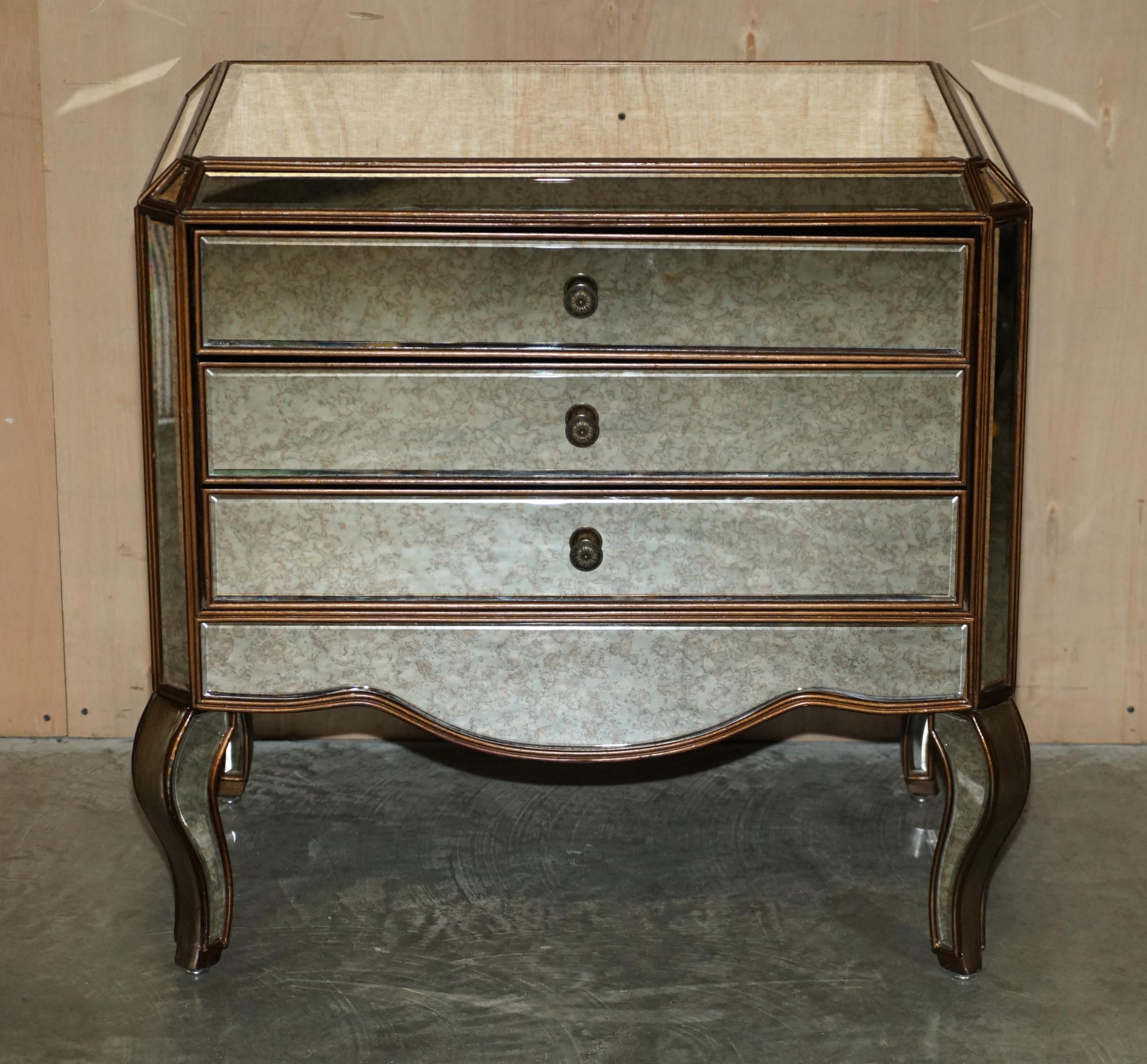We are delighted to offer for sale this exquisite pair of antiqued glass Venetian Italian chests of drawers

These are not bedside table sized but chest of drawers size or extra large nightstands when being used in a bedroom context, for a living