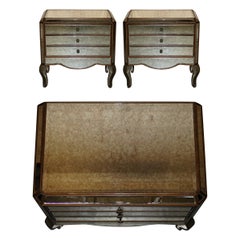 Pair of Antique Foxed Venetian Italian Glass Chest of Drawers Large Nightstands