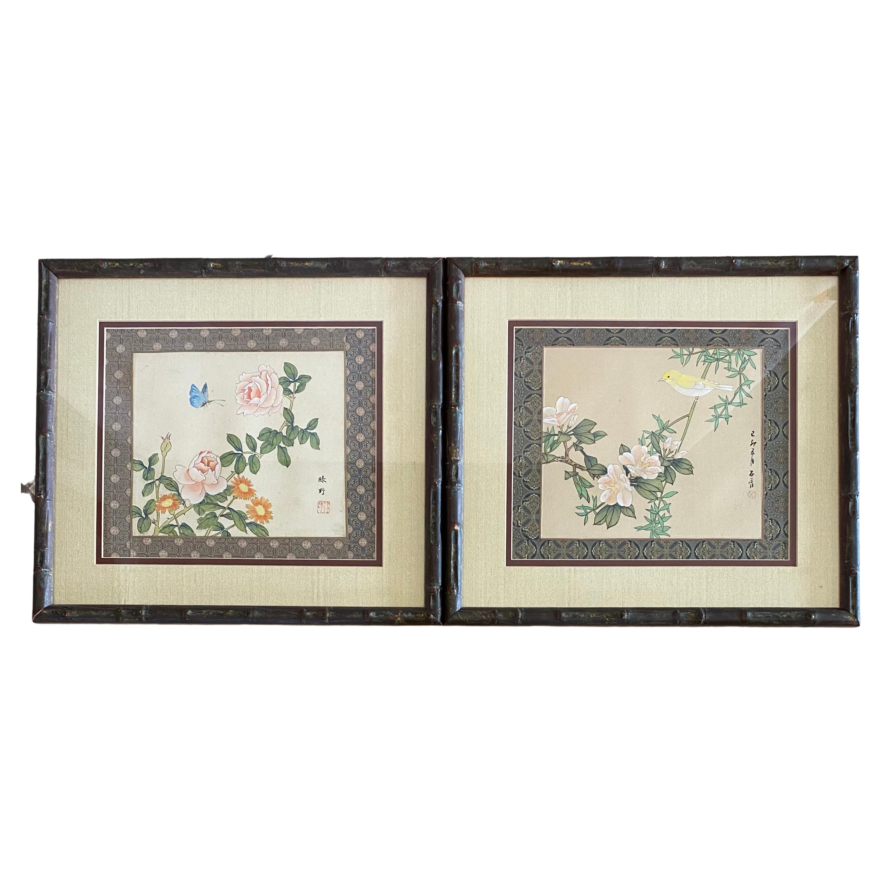 Pair of Antique Framed Chinese Silk and Bird Paintings For Sale