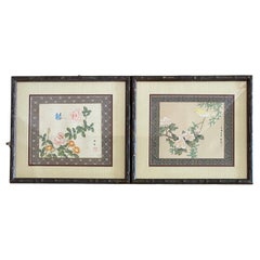 Pair of Antique Framed Chinese Silk and Bird Paintings