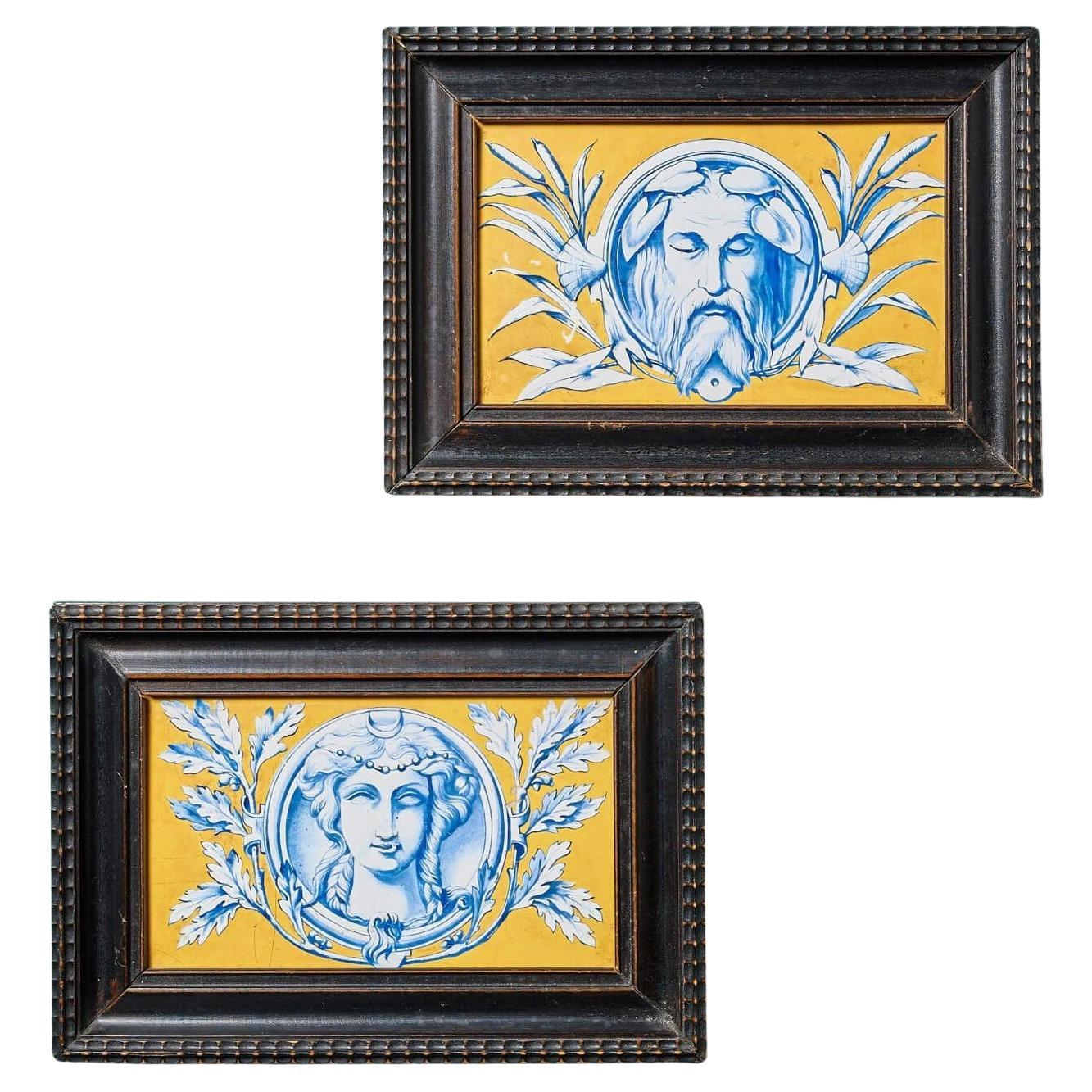 Pair of Antique Framed Neoclassical Tile Panels