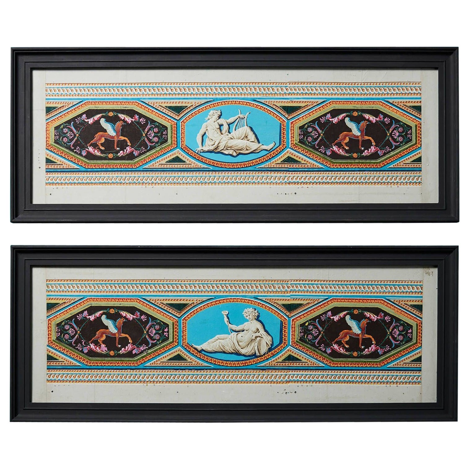 Paire de frises néoclassiques polychromes encadrées anciennes en vente