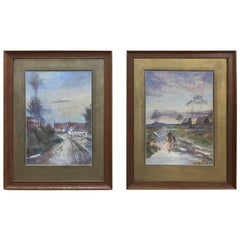 Pair of Antique Framed Watercolor Paintings by Julia Brubs, circa 1917