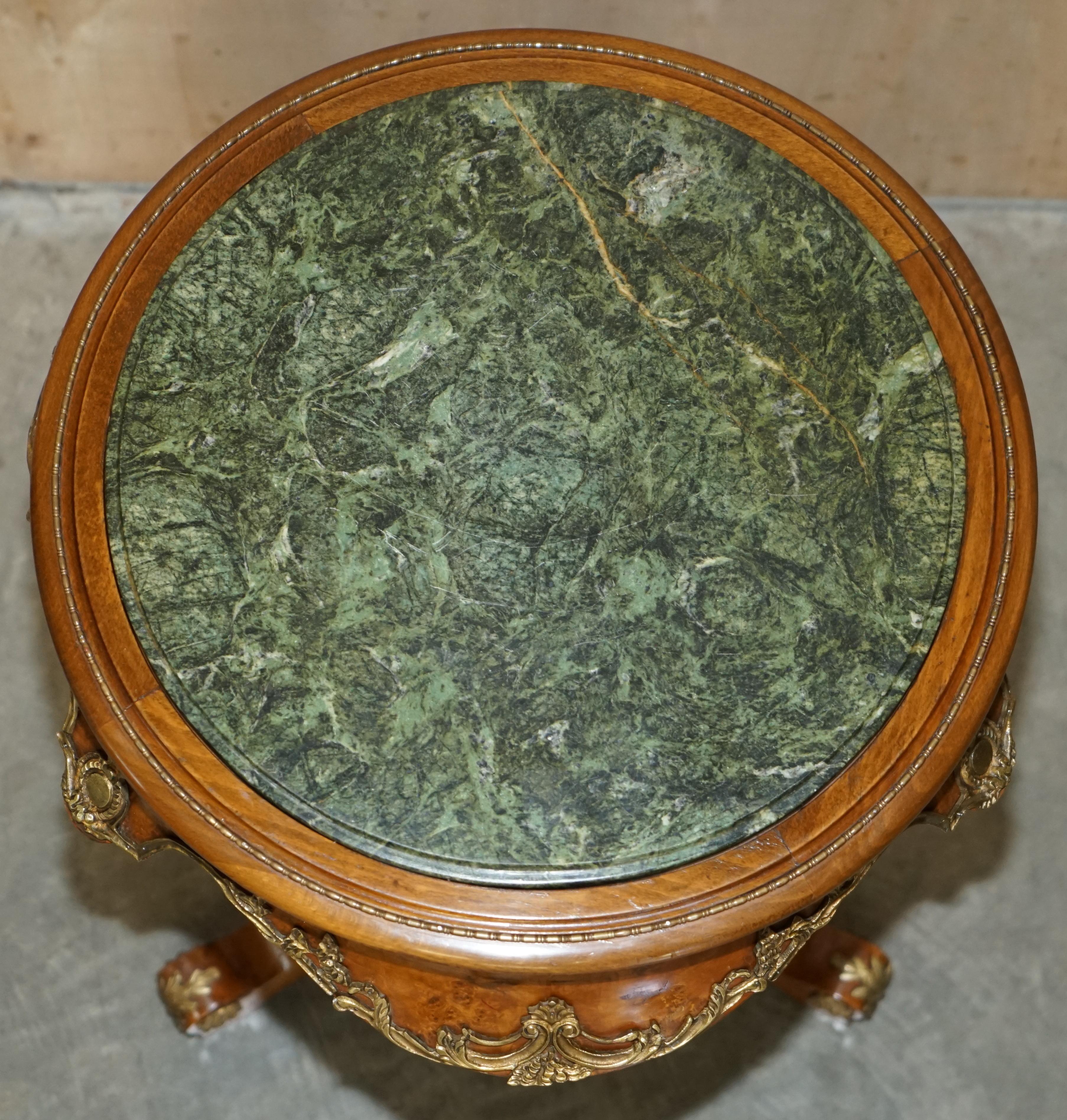 Pair of Antique French 1880 Burr Walnut, Gilt Brass Green Marble Side End Tables For Sale 11