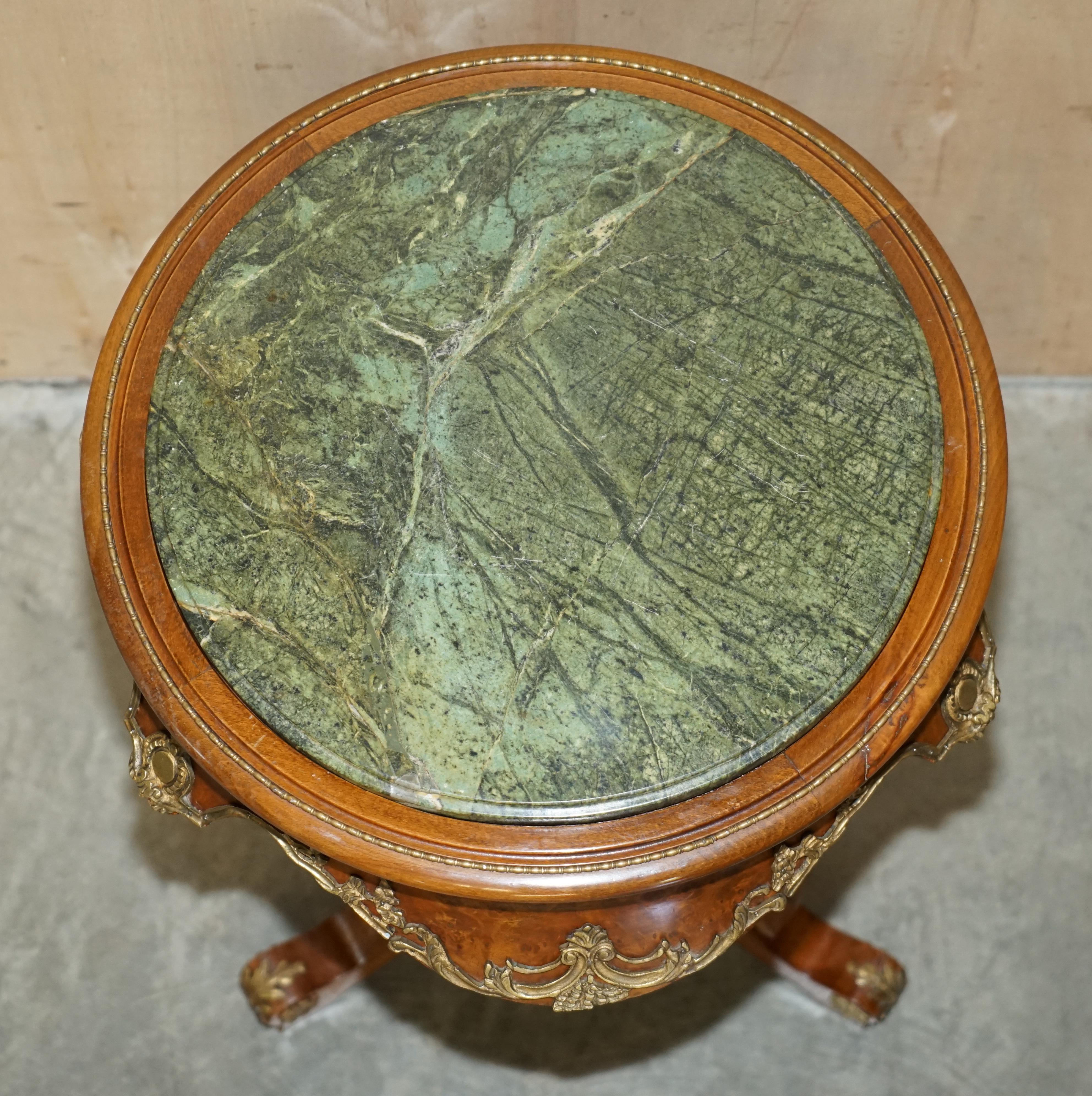 Pair of Antique French 1880 Burr Walnut, Gilt Brass Green Marble Side End Tables For Sale 15