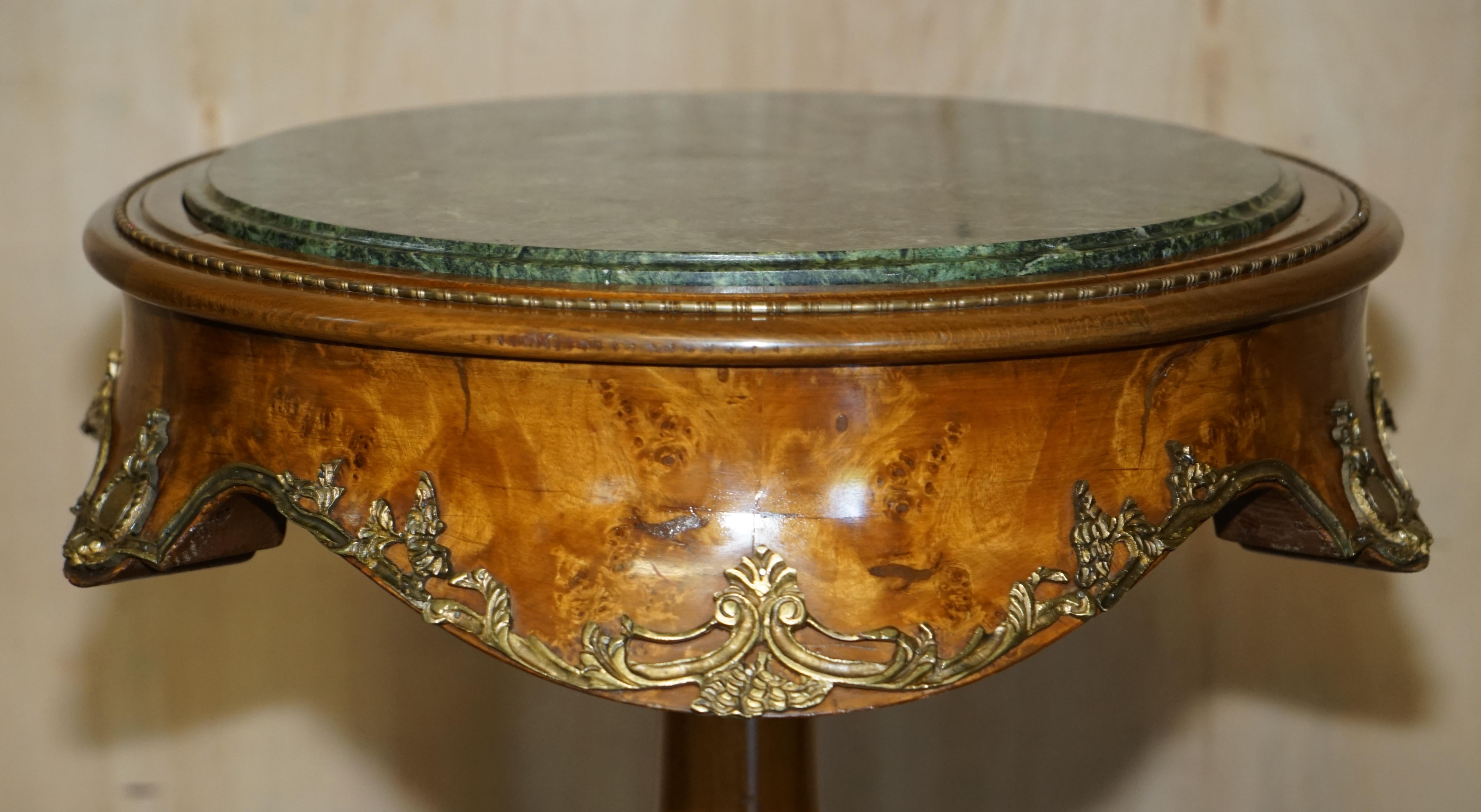 Hand-Crafted Pair of Antique French 1880 Burr Walnut, Gilt Brass Green Marble Side End Tables For Sale