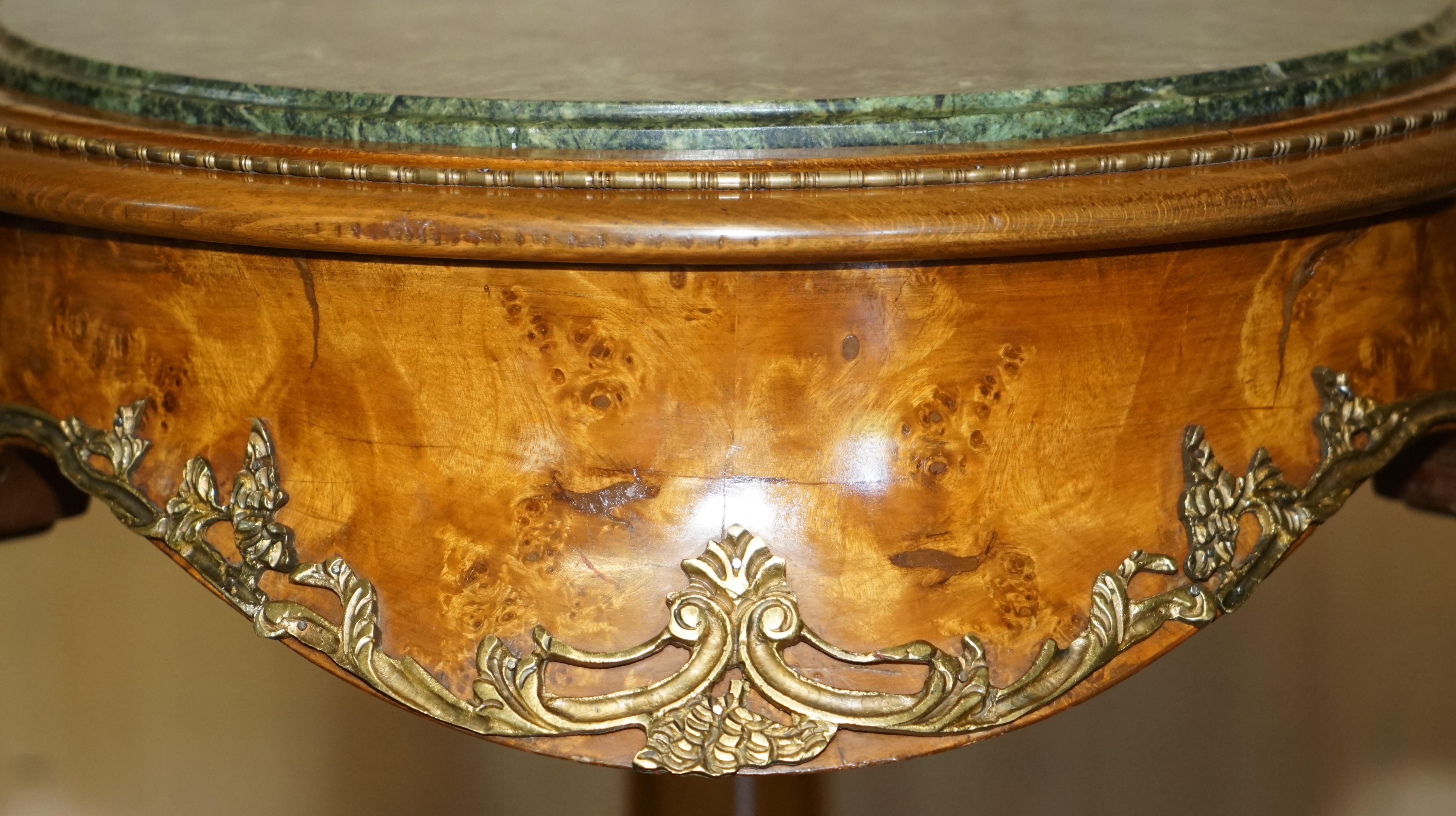 Late 19th Century Pair of Antique French 1880 Burr Walnut, Gilt Brass Green Marble Side End Tables For Sale