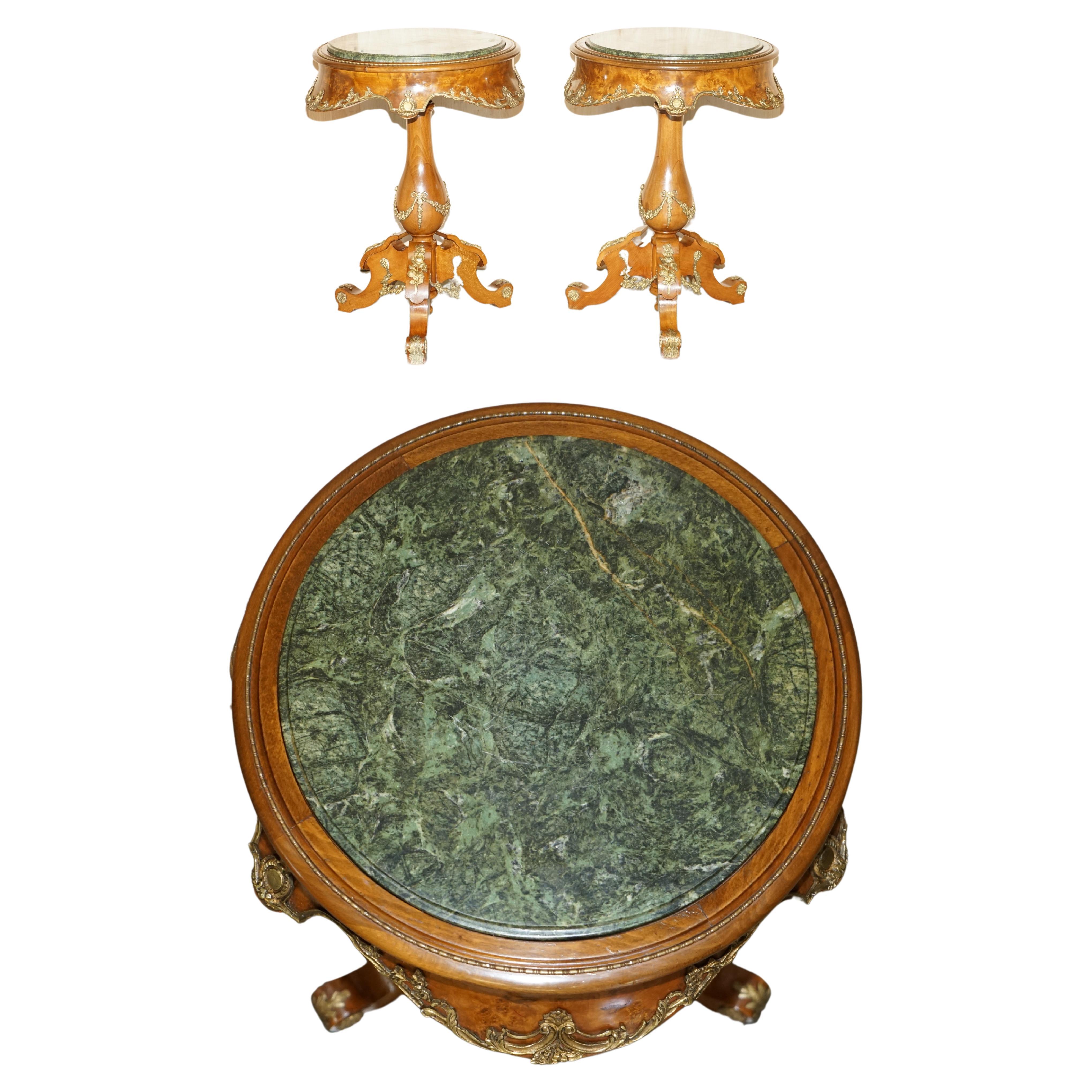 PAIR OF ANTIQUE FRENCH 1880 BURR WALNUT, GILT BRASS GRÜNE MARBLE SIDE END TABLEs