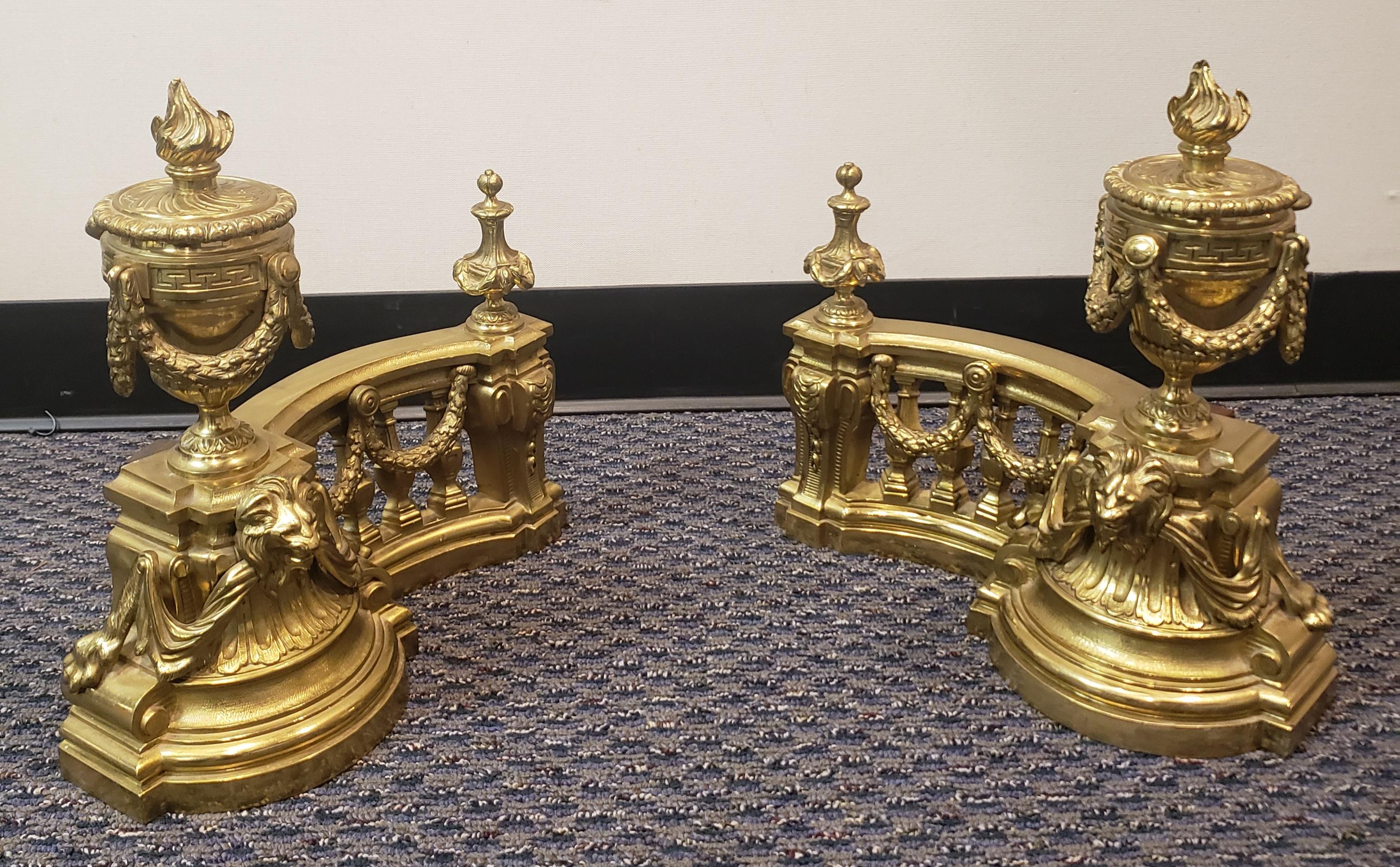 Metalwork Pair of Antique French 18th Century Gilt Bronze Firedogs/Chenets For Sale