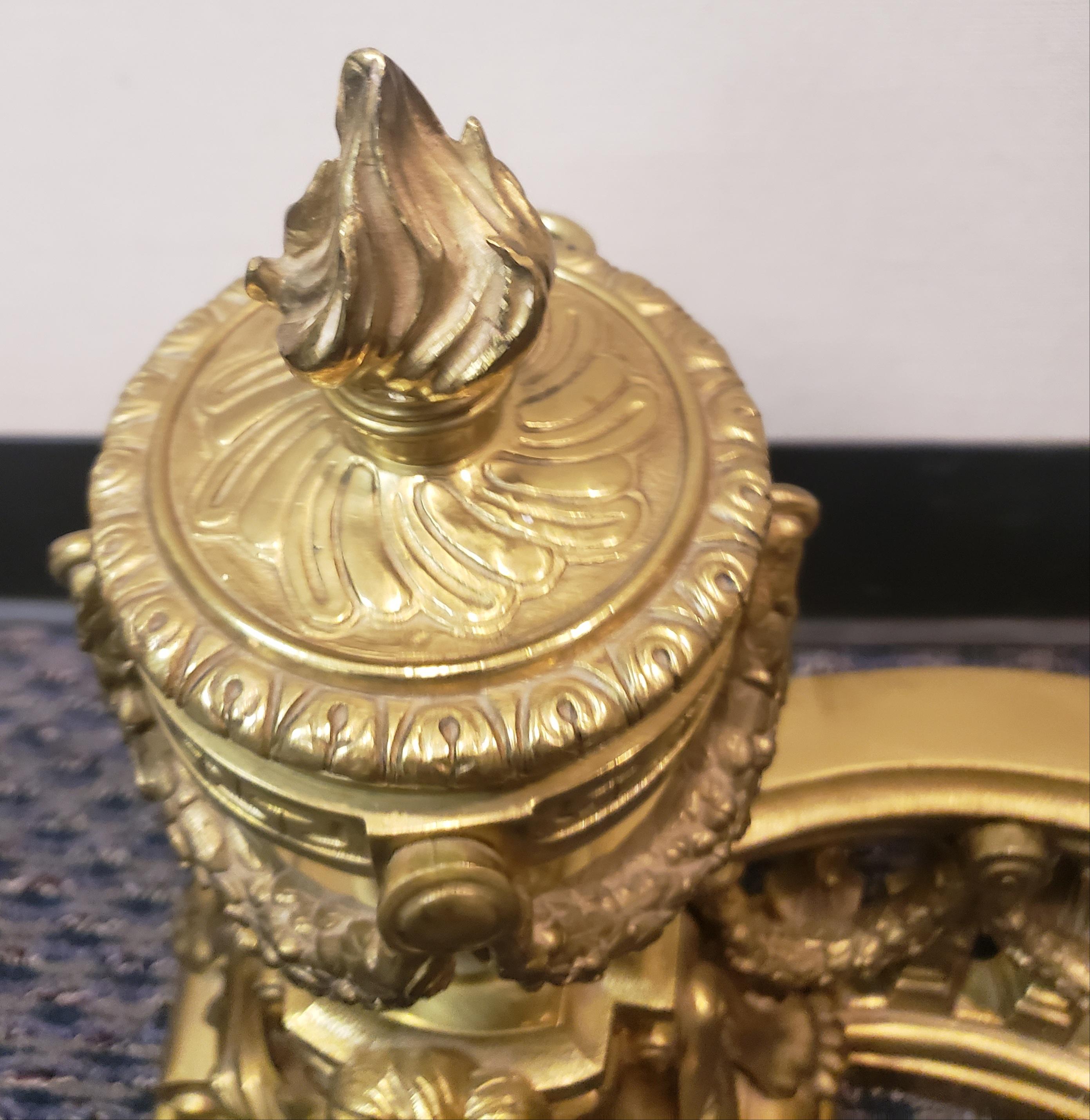 Pair of Antique French 18th Century Gilt Bronze Firedogs/Chenets For Sale 2