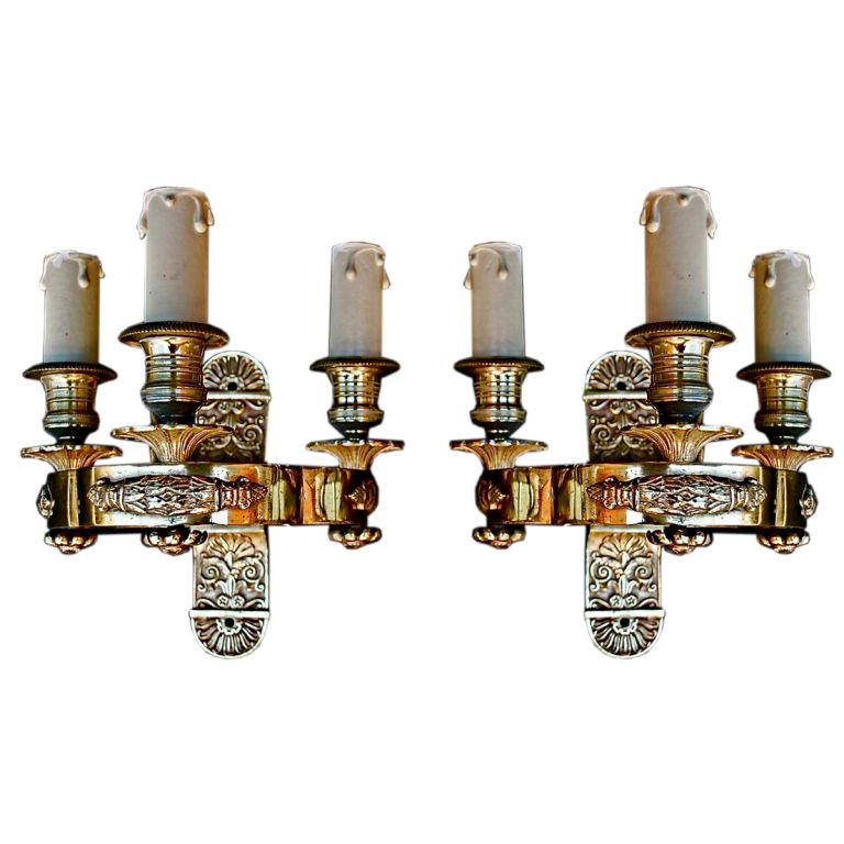 pair of antique  French 1940 bronze sconces For Sale