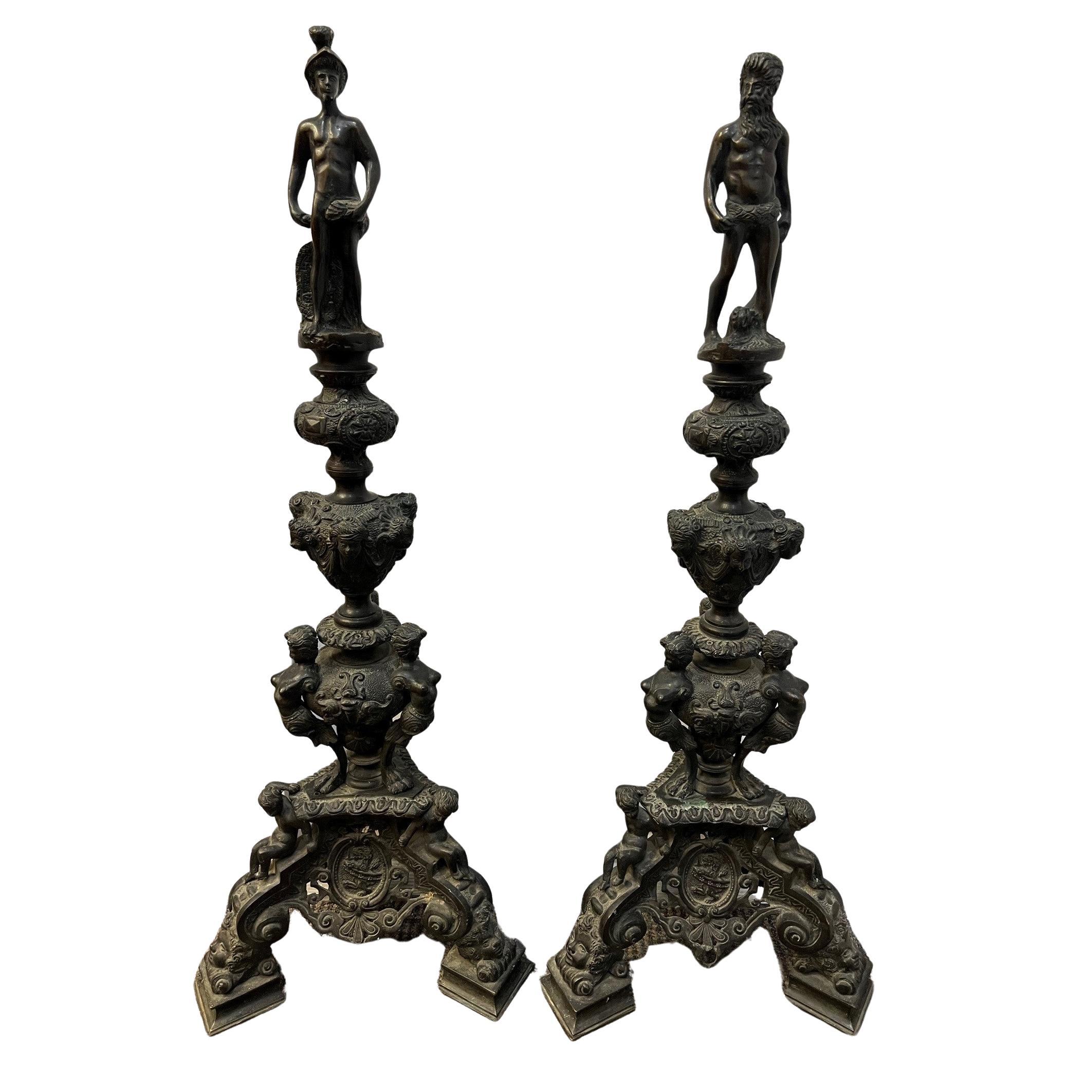 Paire de chenets, chenets et chenets de jardin en bronze anciens du 19ème siècle.  en vente