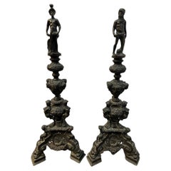 Pair of Vintage French 19th Century Bronze Figural Chenets, Andirons 
