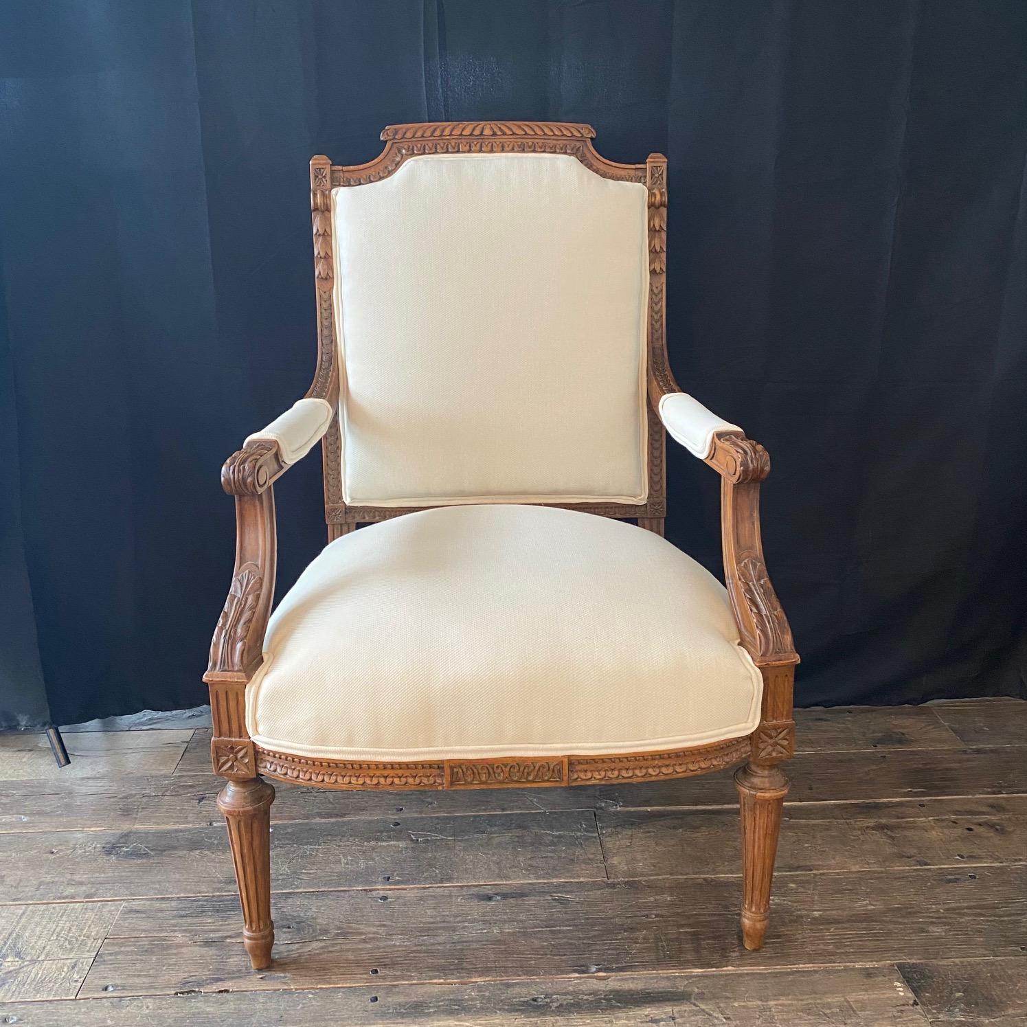 Upholstery Pair of Antique French 19th Century Neoclassical Louis XVI Carved Armchairs For Sale