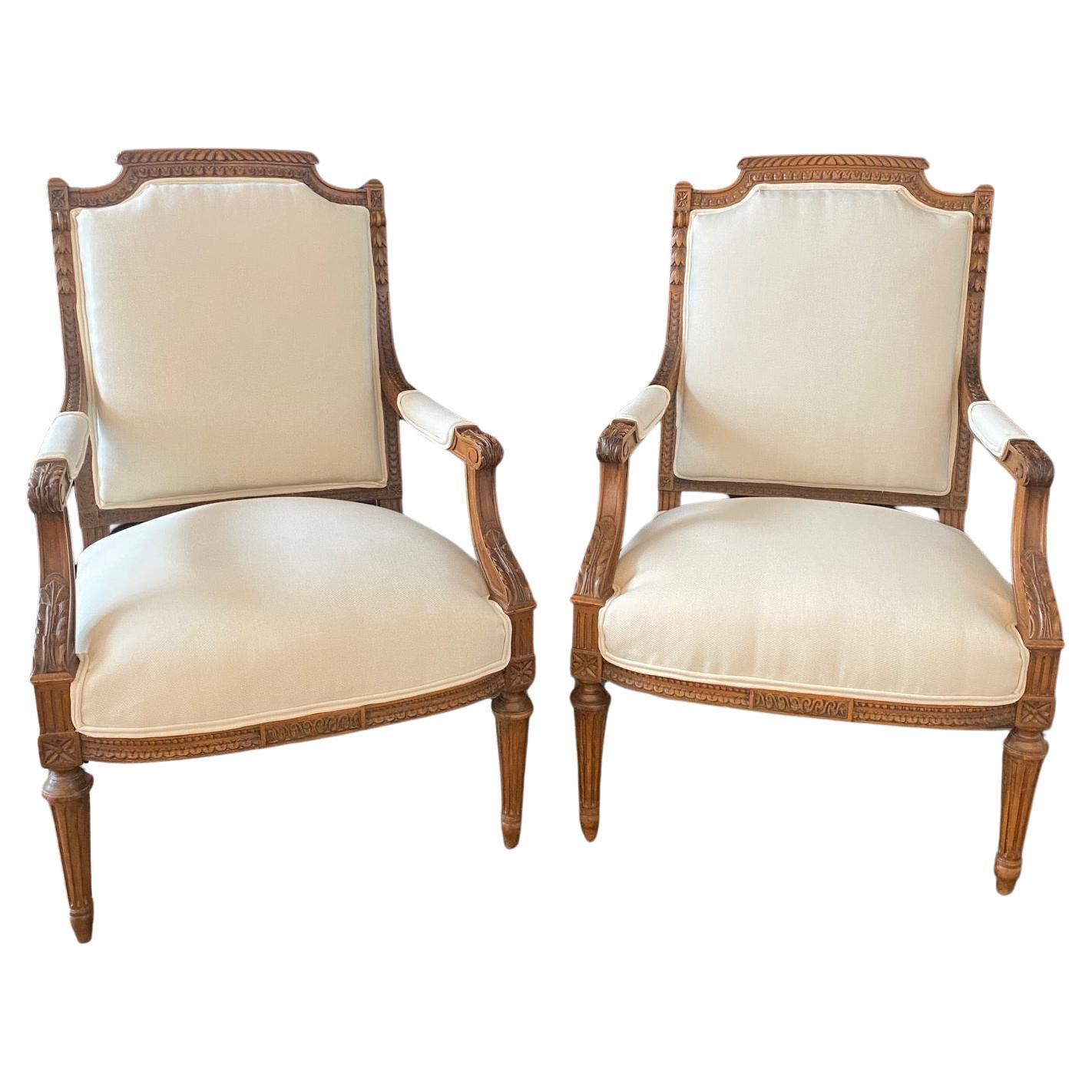 Pair of Antique French 19th Century Neoclassical Louis XVI Carved Armchairs For Sale