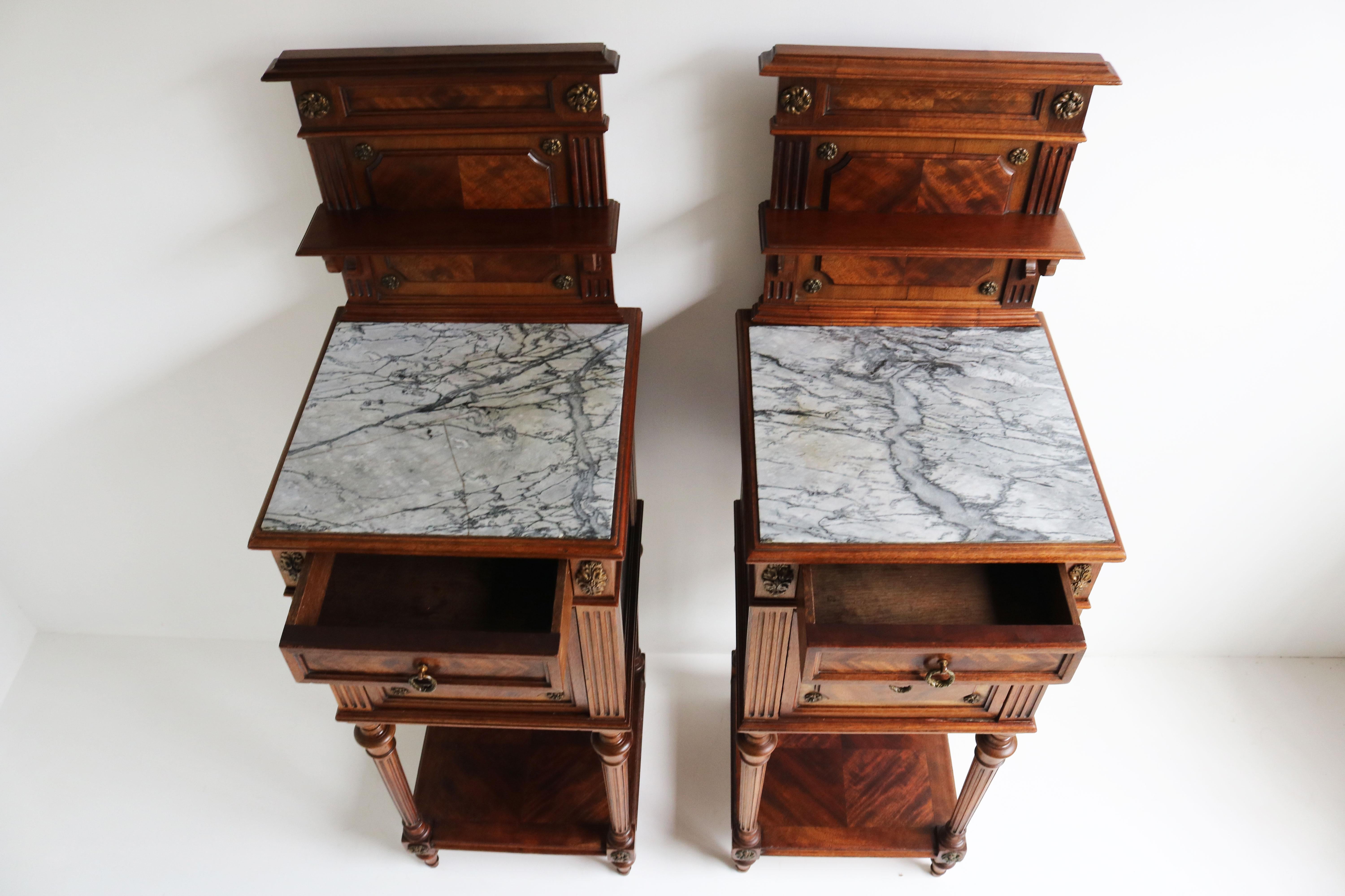 Pair of Antique French 19th Century Night Stands Bedside Walnut Marble Bronze For Sale 7