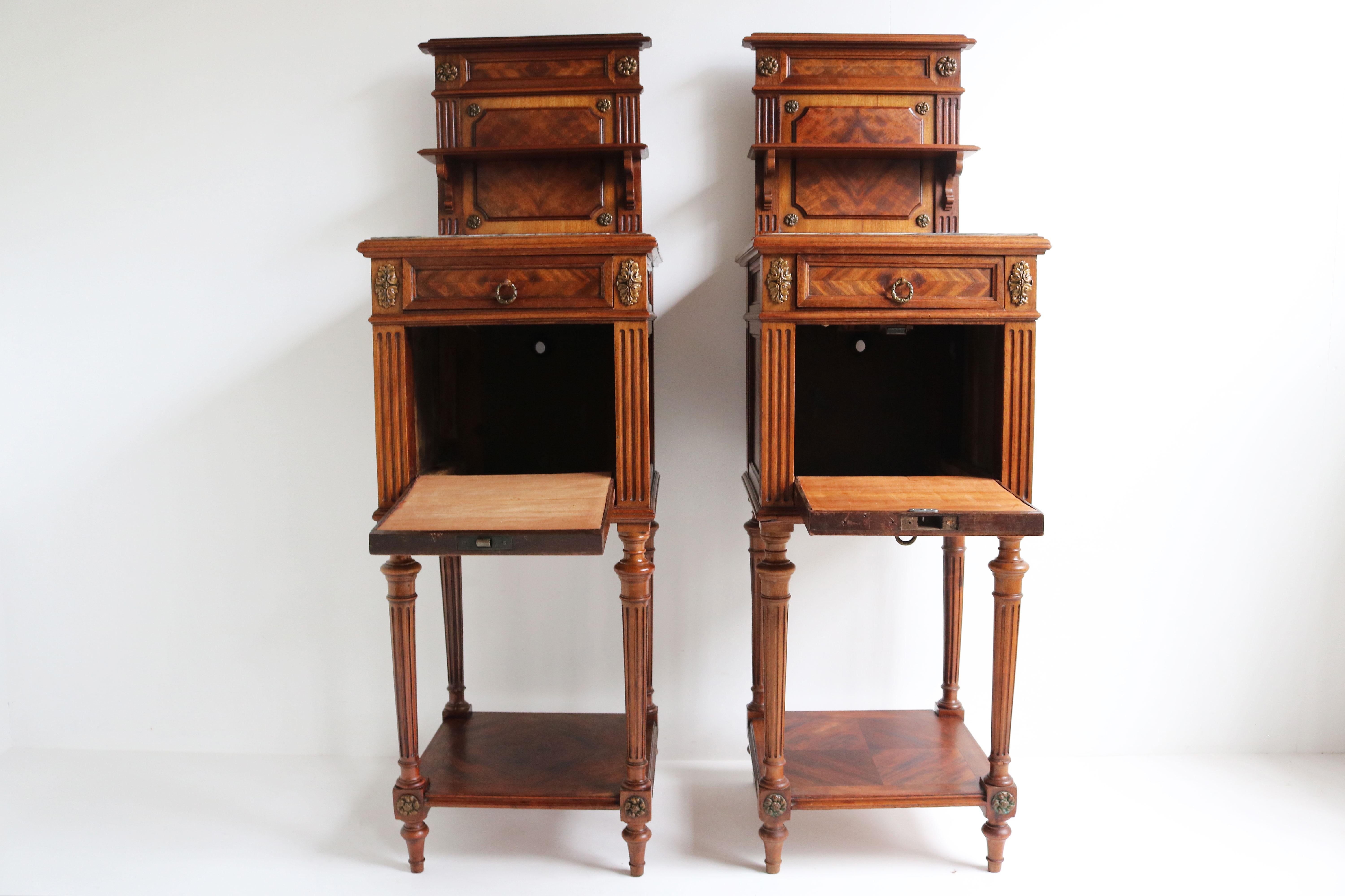 Pair of Antique French 19th Century Night Stands Bedside Walnut Marble Bronze For Sale 8