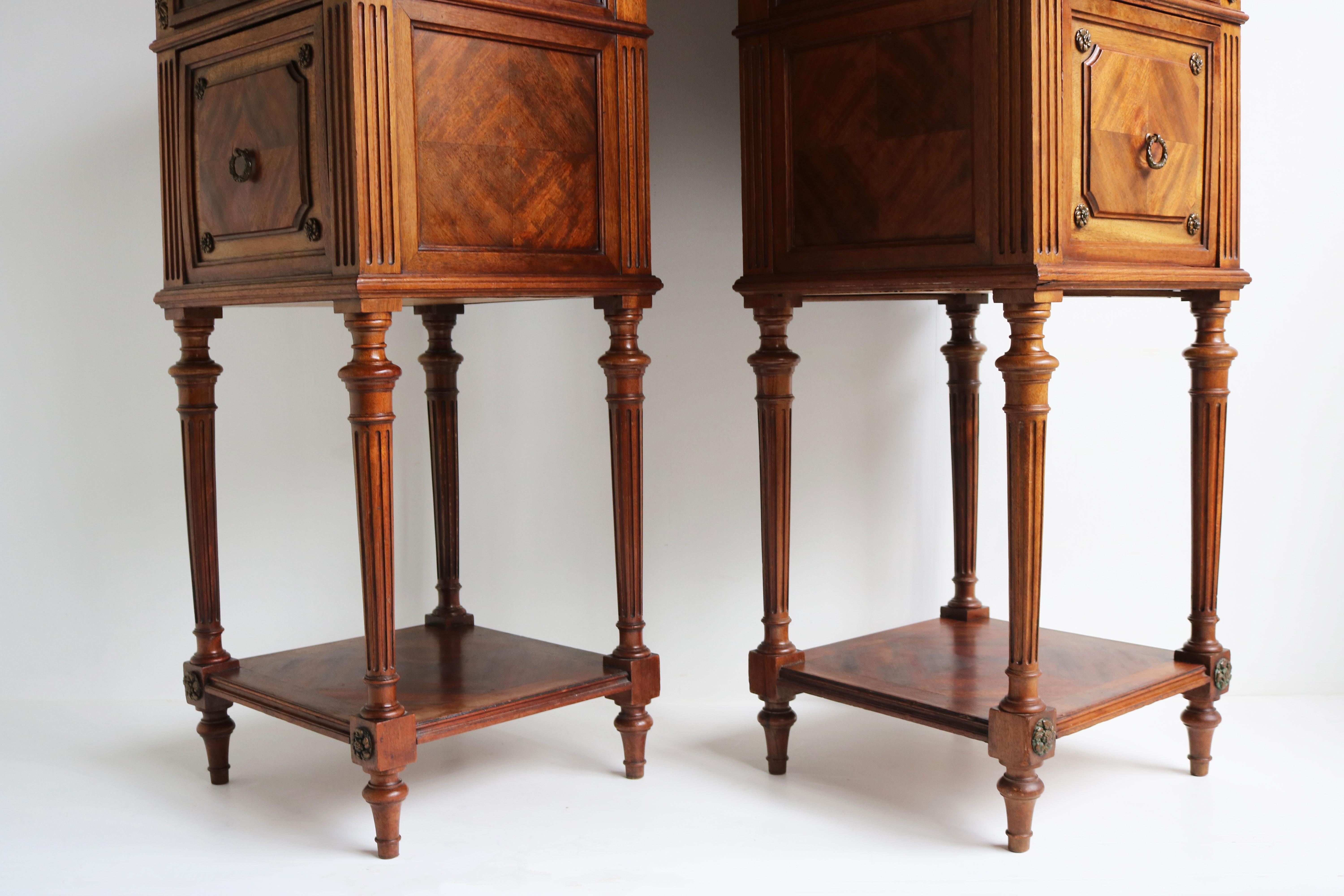 Pair of Antique French 19th Century Night Stands Bedside Walnut Marble Bronze For Sale 10