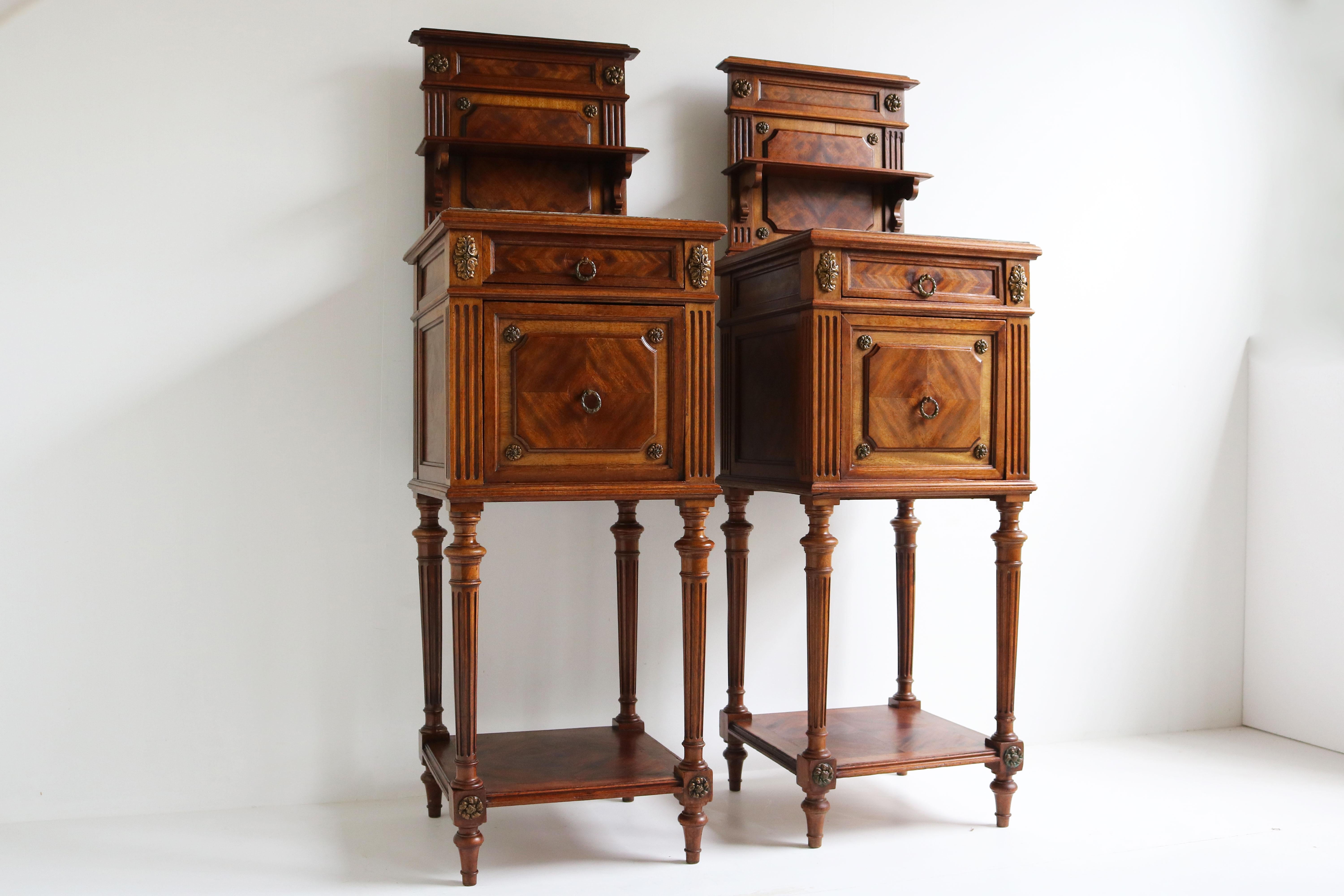 Pair of Antique French 19th Century Night Stands Bedside Walnut Marble Bronze For Sale 13