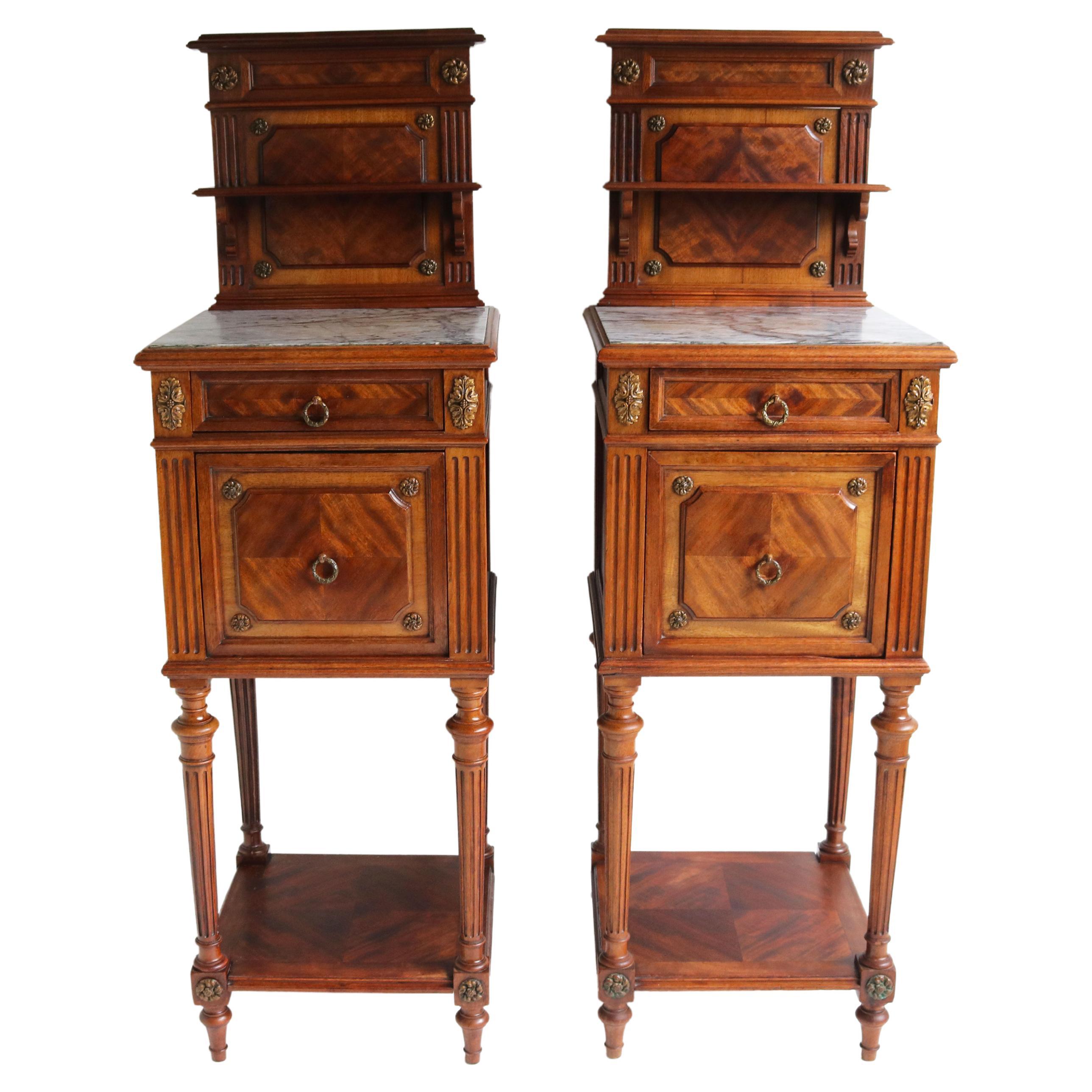 Pair of Antique French 19th Century Night Stands Bedside Walnut Marble Bronze For Sale
