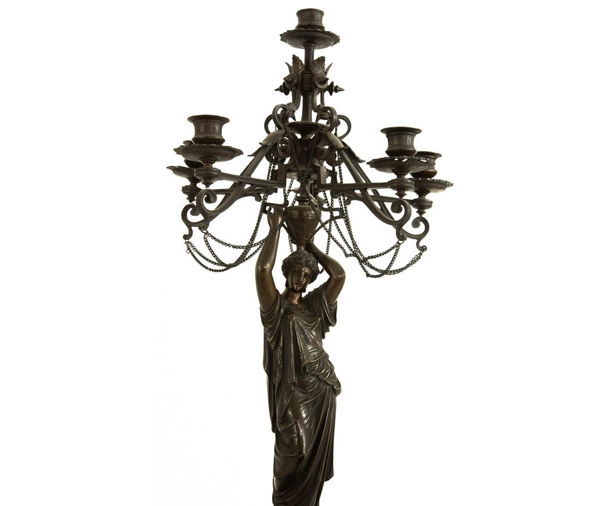 Neoclassical Revival Pair of Antique French 19th Century Seven-Arm Empire Figural Candelabras For Sale