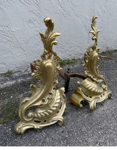 Antique French Brass Andirons, Rococo Style, Solid Brass, Ca. 1880s