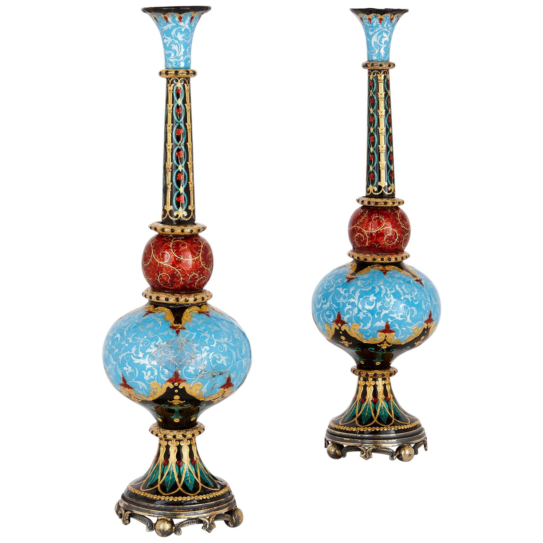 Pair of Antique French Arabesque Enamel Vases for Turkish Export