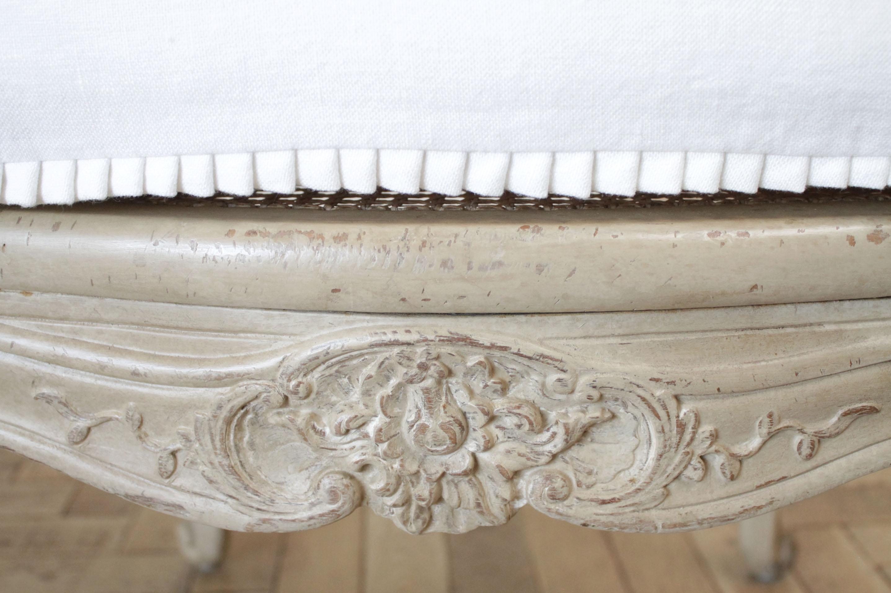 Pair of Antique French Arm Chairs in Original Painted Finish and White Linen 4