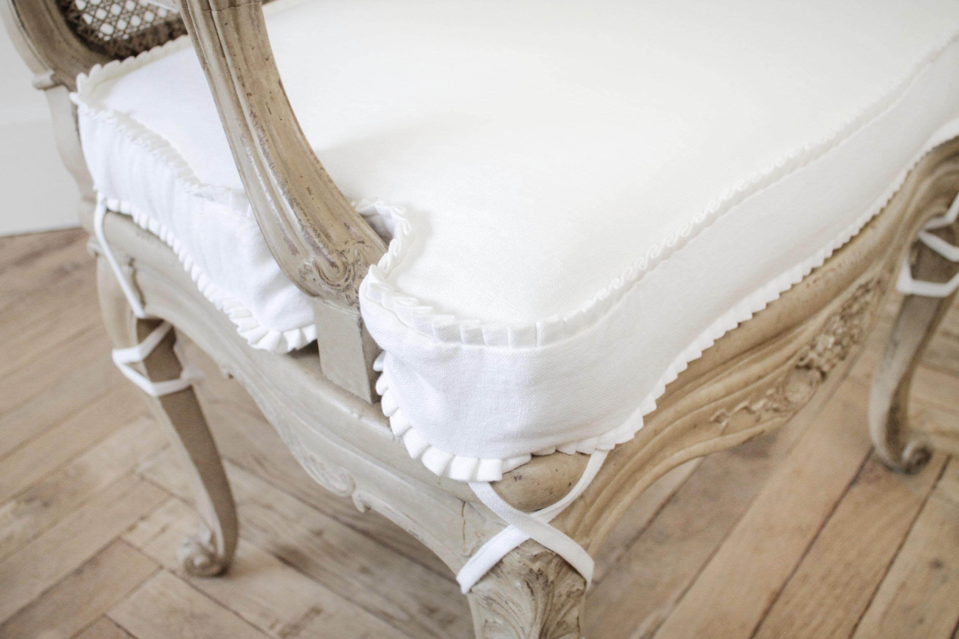 Pair of Antique French Arm Chairs in Original Painted Finish and White Linen 6
