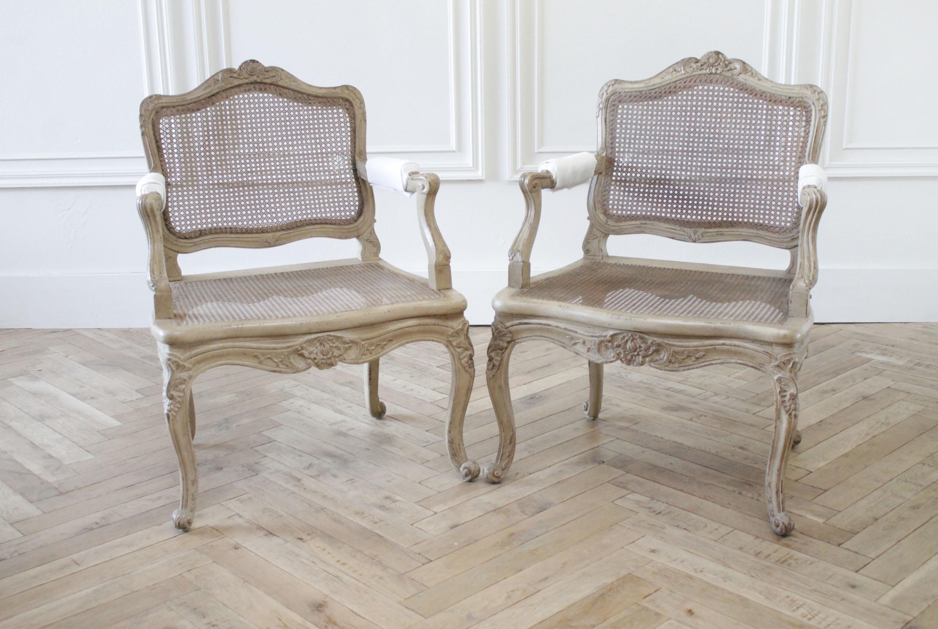 Pair of Antique French Arm Chairs in Original Painted Finish and White Linen 8