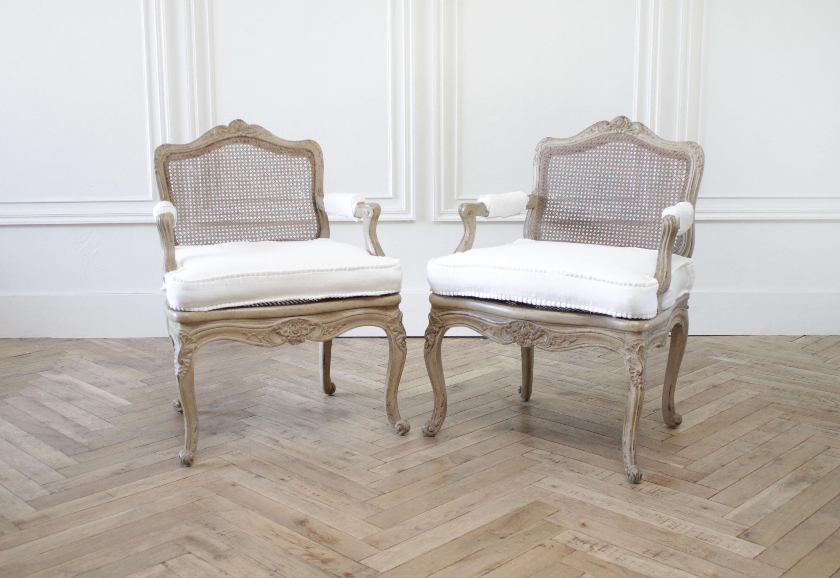 Pair of Antique French Arm Chairs in Original Painted Finish and White Linen 10
