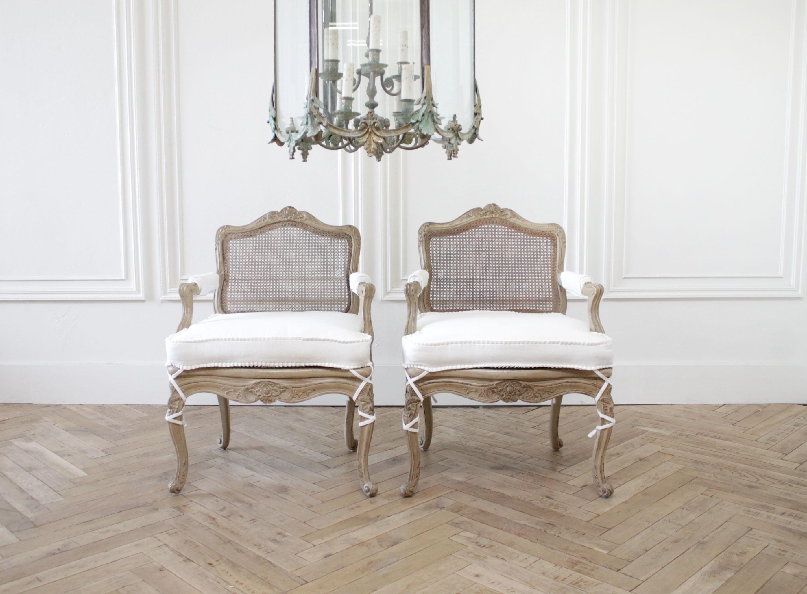 French Provincial Pair of Antique French Arm Chairs in Original Painted Finish and White Linen