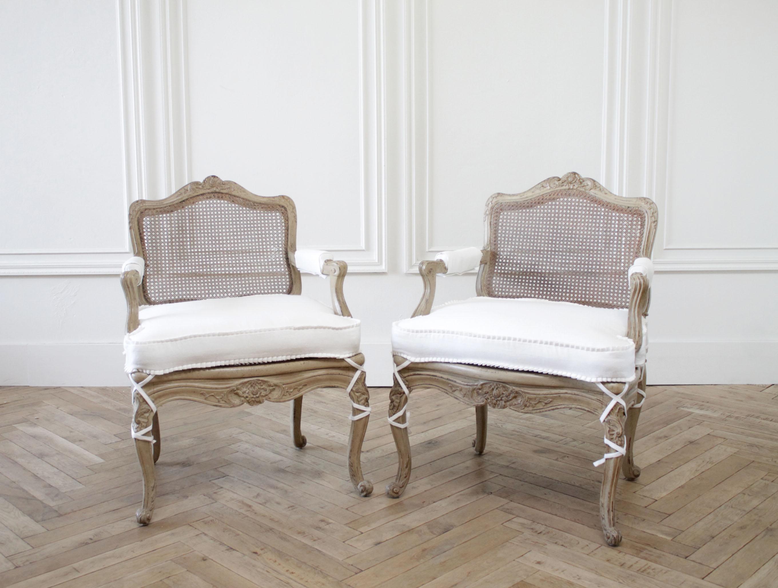European Pair of Antique French Arm Chairs in Original Painted Finish and White Linen
