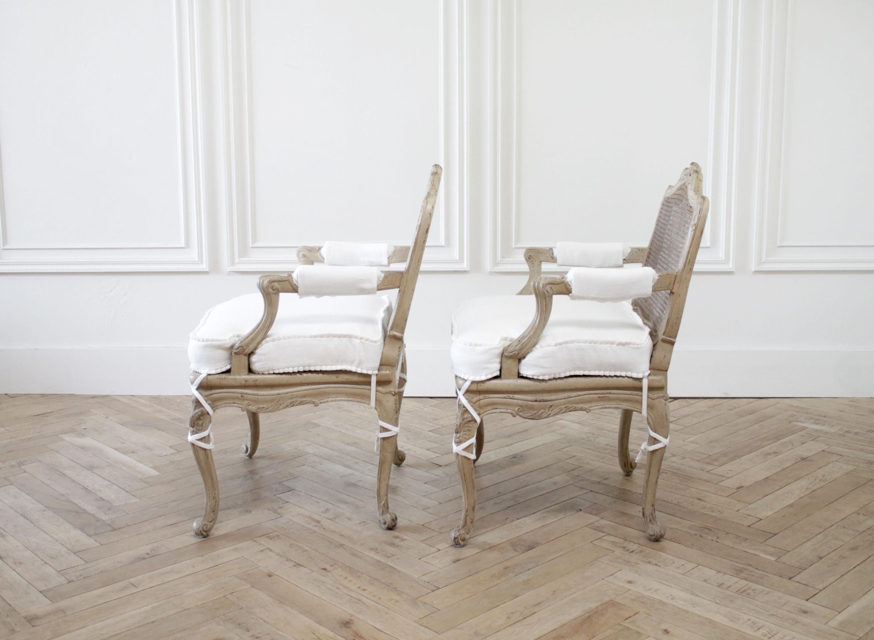 Pair of Antique French Arm Chairs in Original Painted Finish and White Linen In Good Condition In Brea, CA