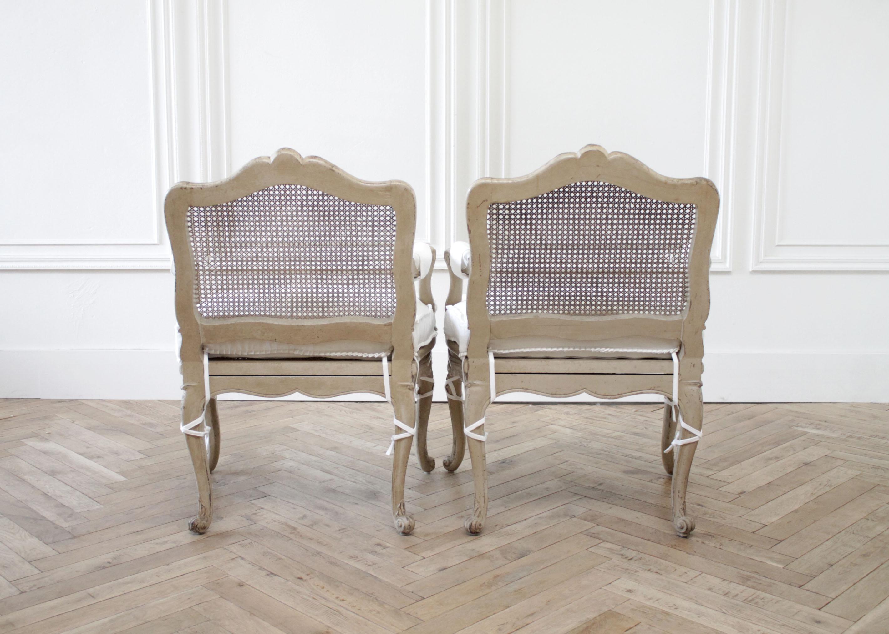 20th Century Pair of Antique French Arm Chairs in Original Painted Finish and White Linen