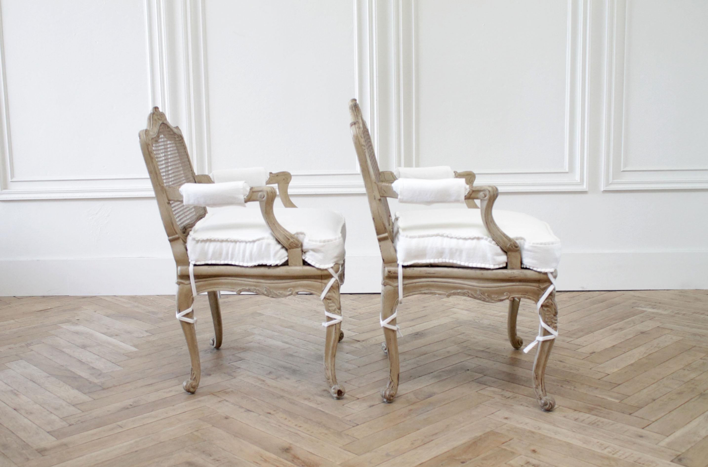Pair of Antique French Arm Chairs in Original Painted Finish and White Linen 1