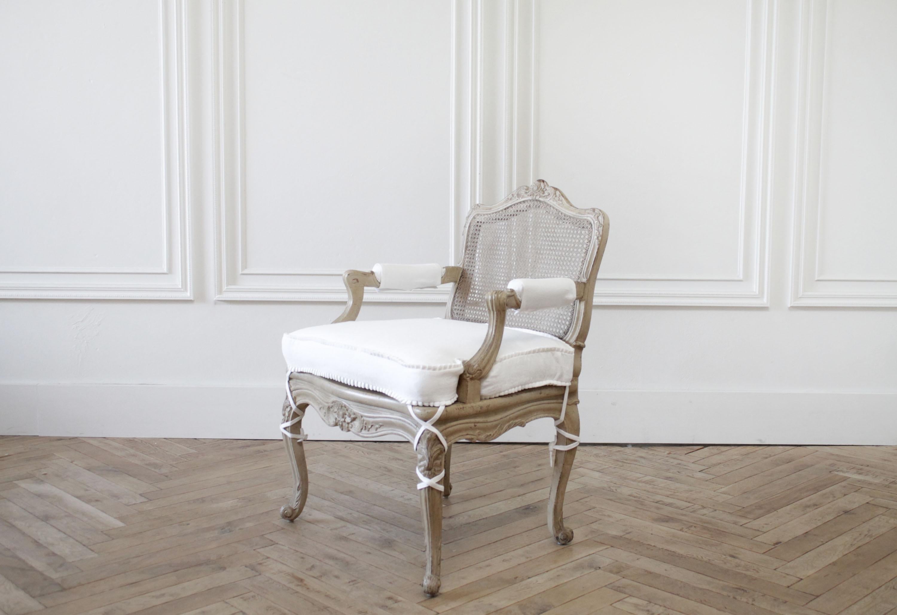 Pair of Antique French Arm Chairs in Original Painted Finish and White Linen 2