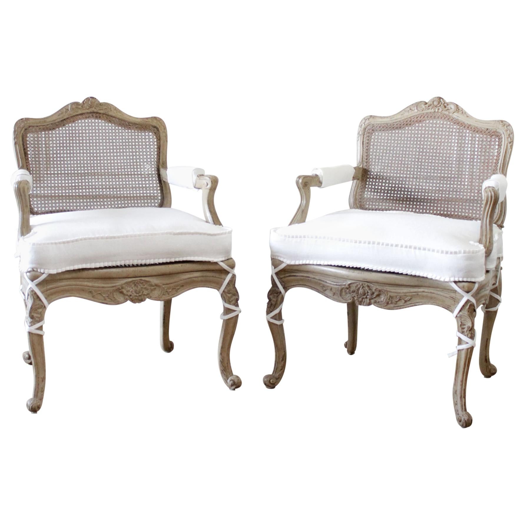Pair of Antique French Arm Chairs in Original Painted Finish and White Linen