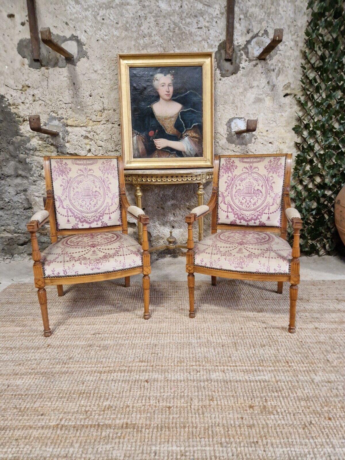 
Enhance the luxurious charm of your home with this stunning Pair of Antique French Armchairs in Directoire style. The magnificent brown Beech wood frame and French-inspired design will transport you to the early 1900s in France. 

These armchairs