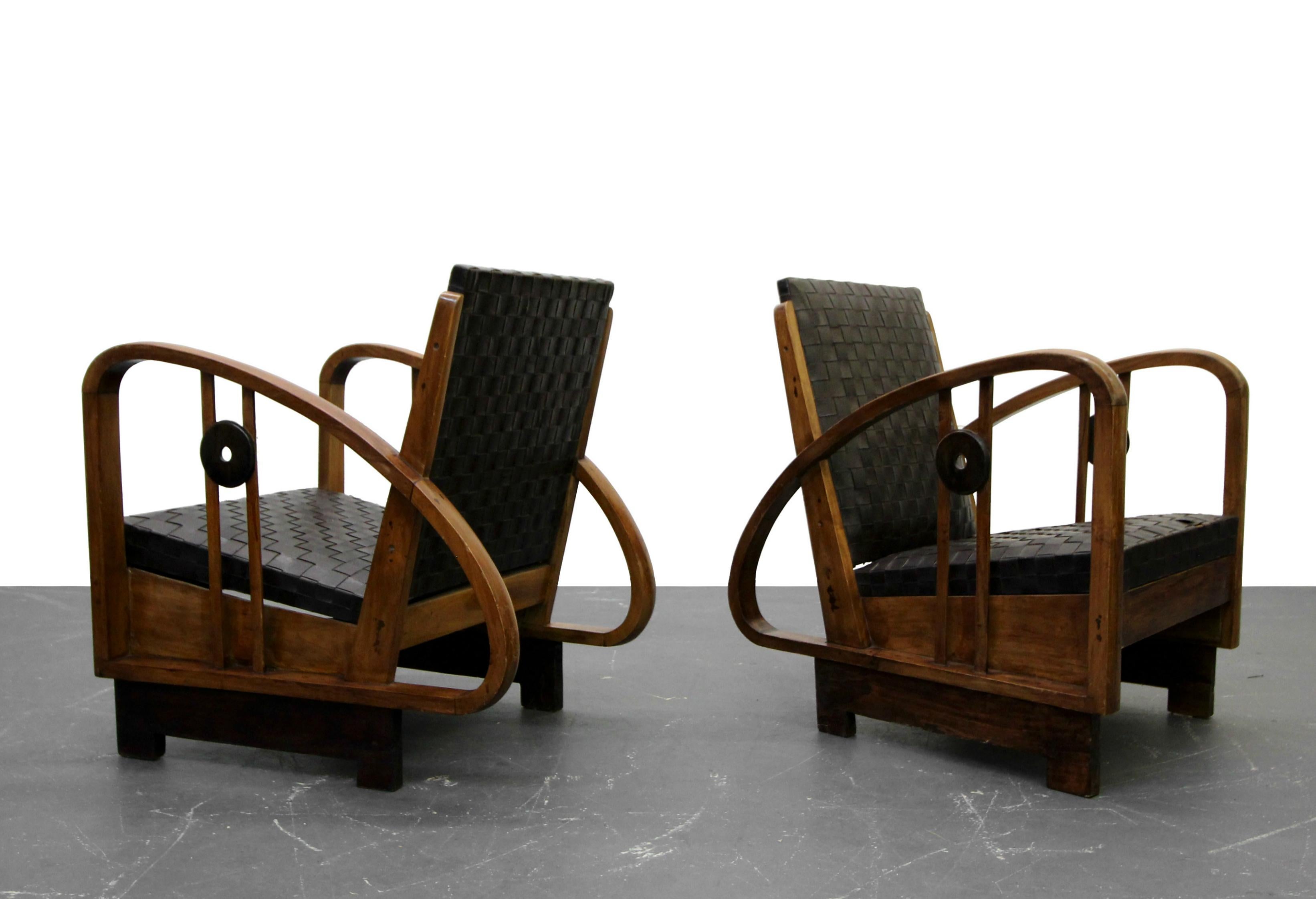 Hand-Woven Pair of Antique French Art Deco Bentwood and Leather Lounge Chairs
