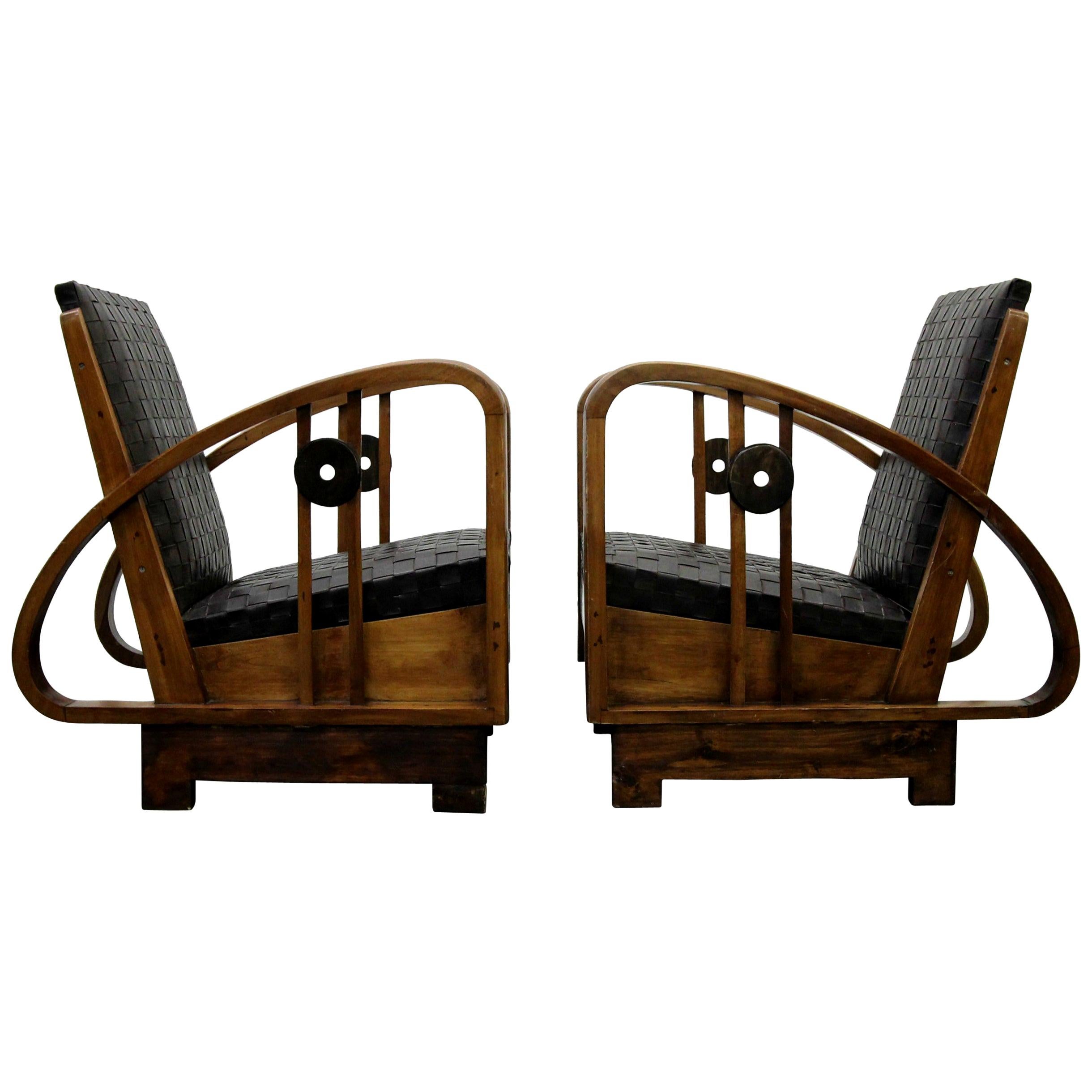 Pair of Antique French Art Deco Bentwood and Leather Lounge Chairs