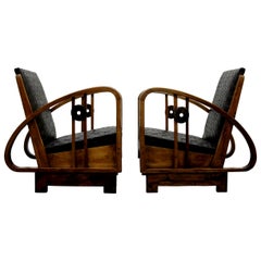 Pair of Antique French Art Deco Bentwood and Leather Lounge Chairs