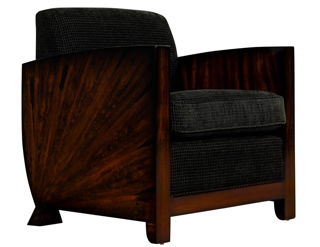 Rare pair of Art Deco Club armchairs with an exotic sunburst pattern. Hand polished to a rich lustrous patina. Re-upholstered in a designer textured velvet.
Price includes complimentary curb side delivery to the continental USA.
