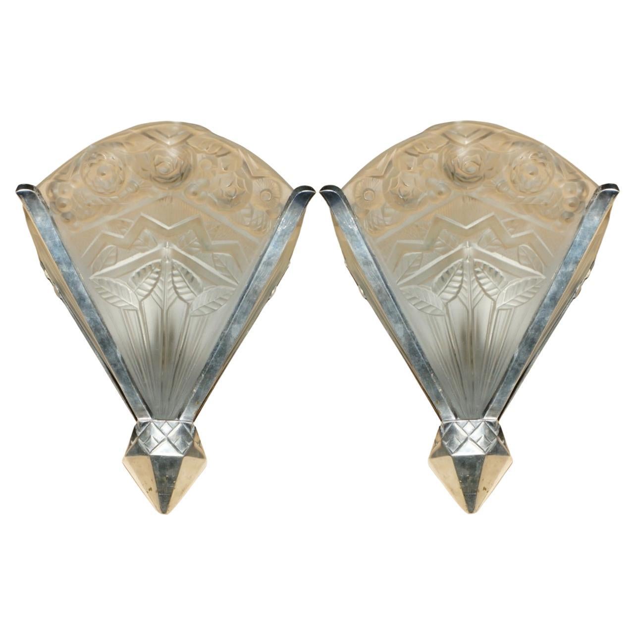 PAIR OF ANTiQUE FRENCH ART DECO JEAN NOVERDY FRANCE DEPOST STAMPED WALL SCONCES