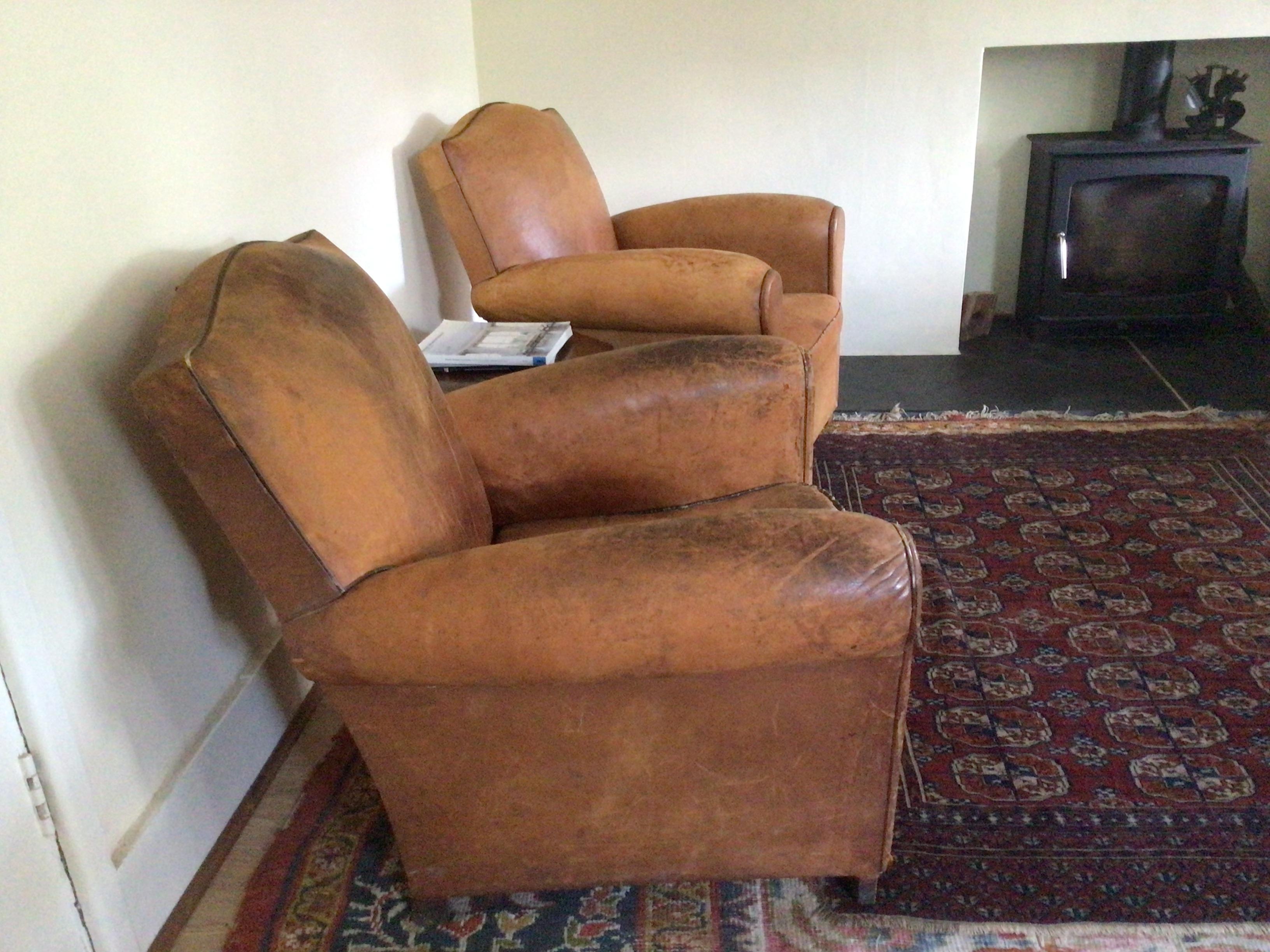 Pair of Antique French Art Deco Leather Club Armchairs. In Good Condition For Sale In Sherborne, GB